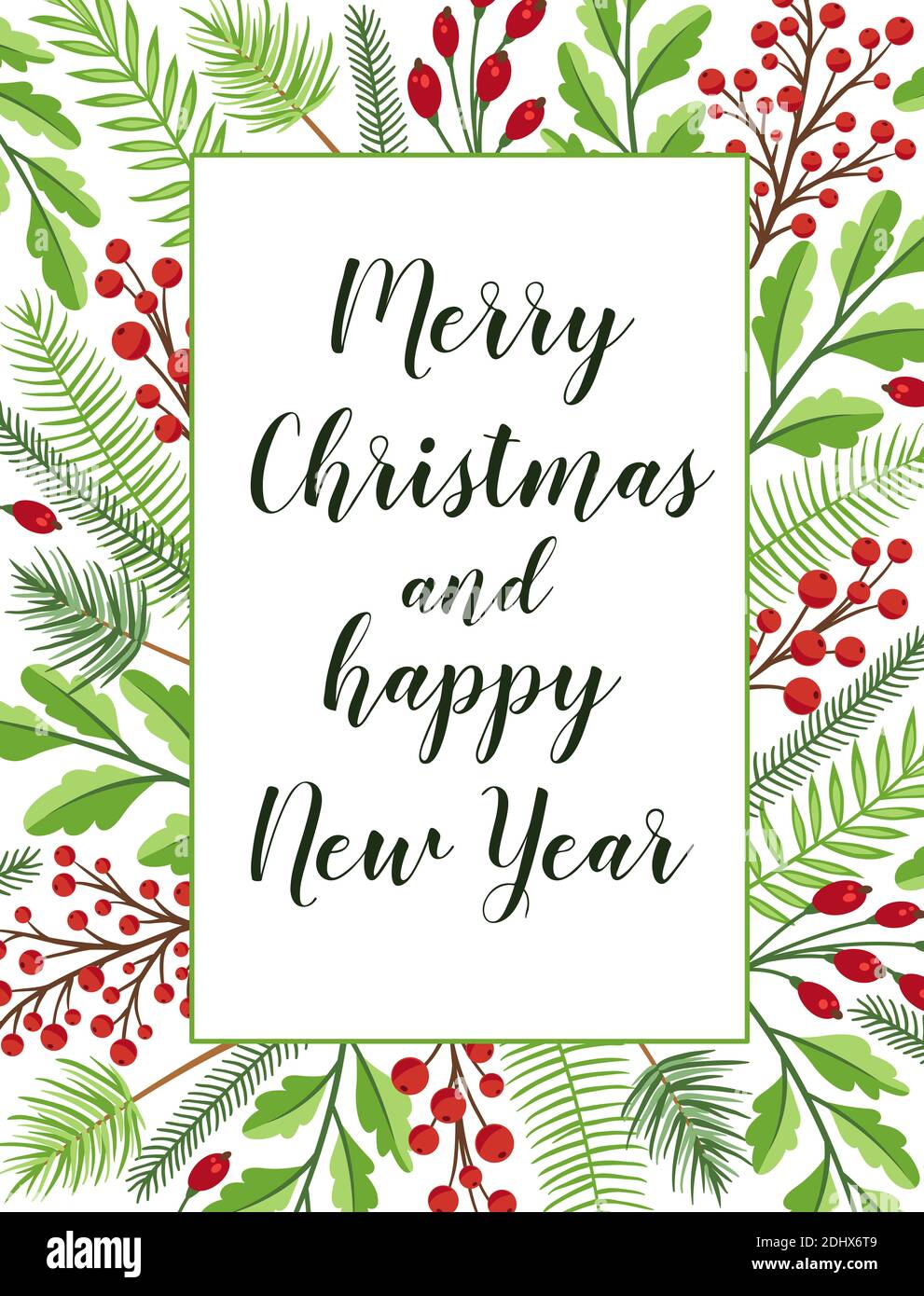 Decorativo biglietto d'auguri natalizio con piante sempreverdi e scritte su sfondo bianco. Natale e Capodanno design. Foto Stock