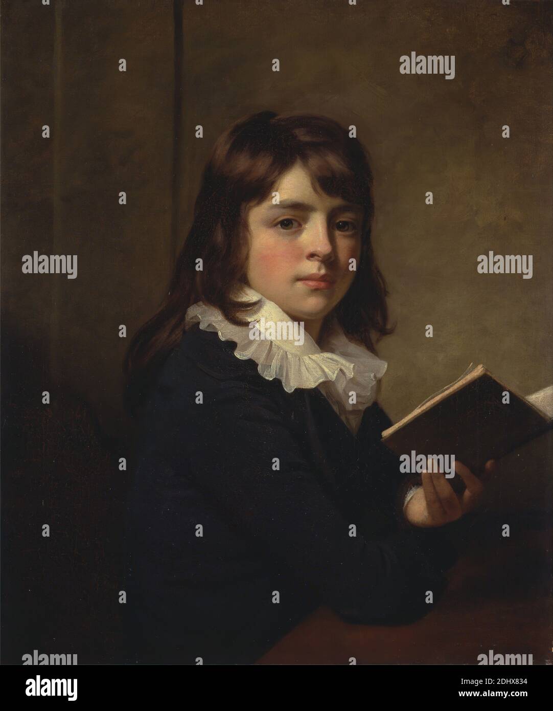 Ritratto di un ragazzo, Sir William Beechey, 1753–1839, inglese, ca. 1790, olio su tela, supporto (PTG): 30 1/16 x 25 3/16 pollici (76.4 x 64 cm), libro, ragazzo, marrone, bambino, costume, ritratto, lettura, tavolo Foto Stock