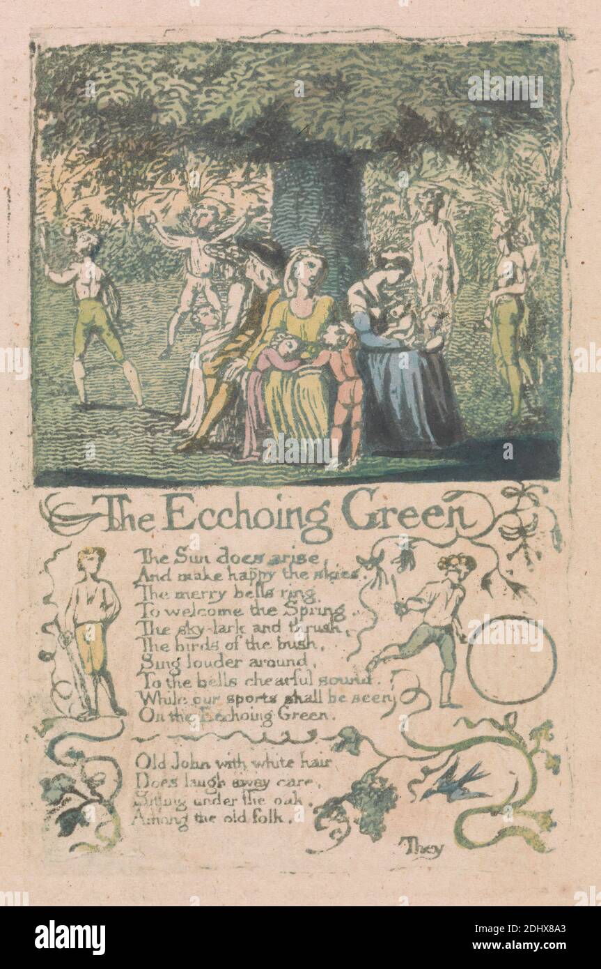 Songs of Innocence and of Experience, Plate 8, 'The Ecchoing Green' (Bentley 6), Stampa realizzata da William Blake, 1757–1827, British, 1789, Relief Etching stampato in verde con inchiostro nero e penna e acquerello su carta di carta di colore crema leggermente spessa, foglio: 7 1/4 x 4 3/4 pollici (18.4 x 12.1 cm), piastra: 4 3/8 x 2 7/8 pollici (11.1 x 7.3 cm) e piastra: 4 3/8 x 2 3/4 pollici (11.1 x 7 cm), palla, pipistrello, rami, bambini, cibo, frutta, uva, soggetto storico, cerchio, aquilone, foglia, uomini, seduto, bastone, testo, alberi, vite, camminare, donne Foto Stock