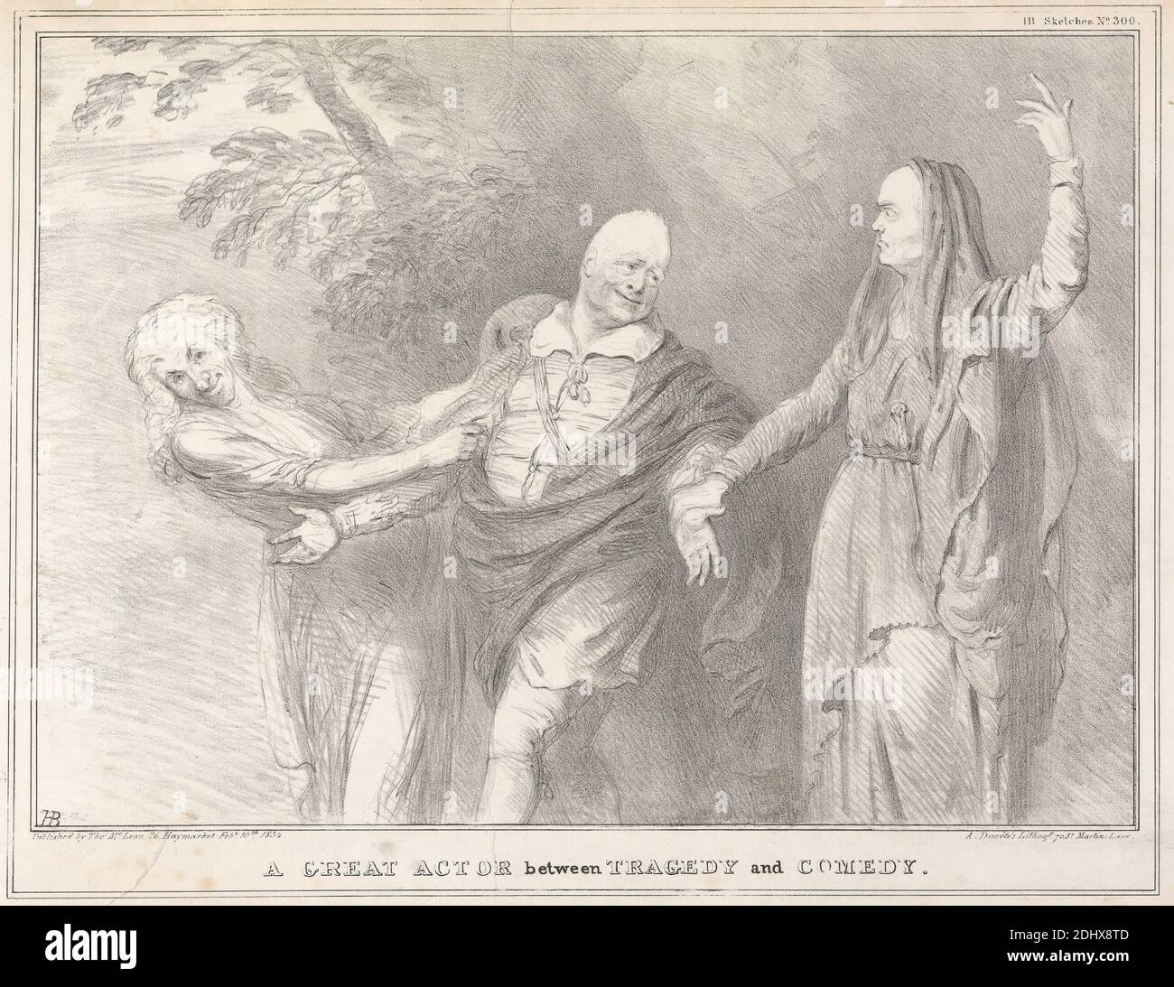 A Great Actor Between Tragedy and Comedy, Stampa di John Doyle ('H.B.'), 1797–1868, irlandese, stampato da A. Ducôte, attivo 1832–1840, inglese, pubblicato da Thomas McLean, 1788–1875, inglese, 1834, litografia su carta in wove beige di spessore moderato, leggermente testurizzata, foglio: 11 3/16 x 16 5/16 pollici (28.4 x 41.4 cm) e immagine: 9 1/8 x 12 11/16 pollici (23.2 x 32.2 cm), attore, caps, guardaroba, commedia, gesturing, holding, tema letterario, uomo, parodia, posa, trazione, satira, palco, teatro, tragedia, alberi Foto Stock