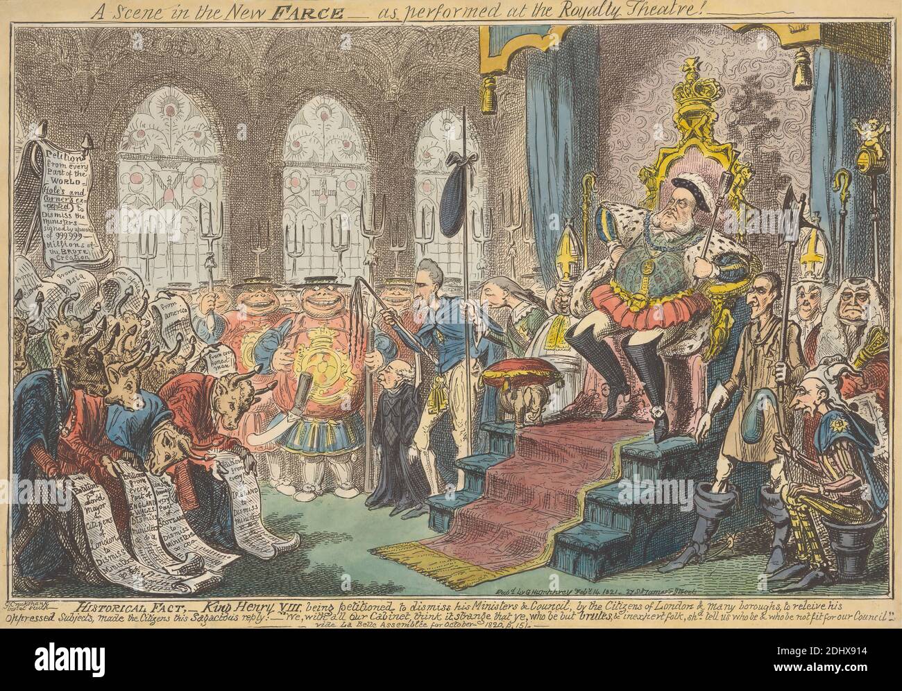 A Scene in the New Farce - come eseguito al Royalty Theatre!, Stampa realizzata da George Cruikshank, 1792–1878, inglese, pubblicato da George Humphrey, ca. 1773–ca. 1831, inglese, 1821, incisione, colore a mano su carta di spessore moderato, leggermente testurizzata, wove beige, foglio: 9 1/2 x 13 5/8 pollici (24.2 x 34.6 cm) e immagine: 8 9/16 x 13 1/8 pollici (21.7 x 33.3 cm), animali, assi, vescovi, cowing, bruti, tori, caricatura, cancelliere, partecipazione cittadina, corte, elefante (animale), soggetto storico, zebre, corna, jester, re, ministri, obesi, carte, petizioni, satira, soldati, trono, Città di Foto Stock