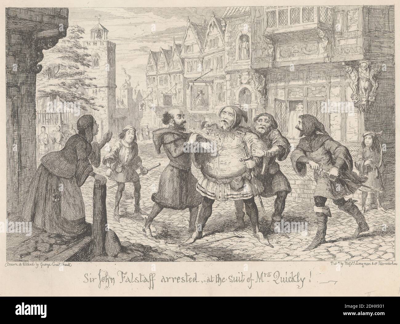 Londra. A Street: 'Henry IV Part II,' Act II, Scene i, Stampa realizzata da George Cruikshank, 1792–1878, inglese, pubblicato da Longman & Co., attivo 1804–1914, inglese, dopo il 1857, incisione su carta in wove beige leggermente testurizzata, spessore moderato, foglio: 5 7/8 x 8 1/8 pollici (14.9 x 20.6 cm) e immagine: 4 3/8 x 6 5/8 pollici (11.1 x 16.9 cm), soggetto architettonico, arrestato, città, guardie, Enrico IV parte II, atto II, scena i, Enrico IV, parte II di William Shakespeare, tema letterario, uomini, obesi, opere di William Shakespeare, strada, sorpresa, spade, donna, Città di Londra, Inghilterra, Europa, Grande Londra Foto Stock