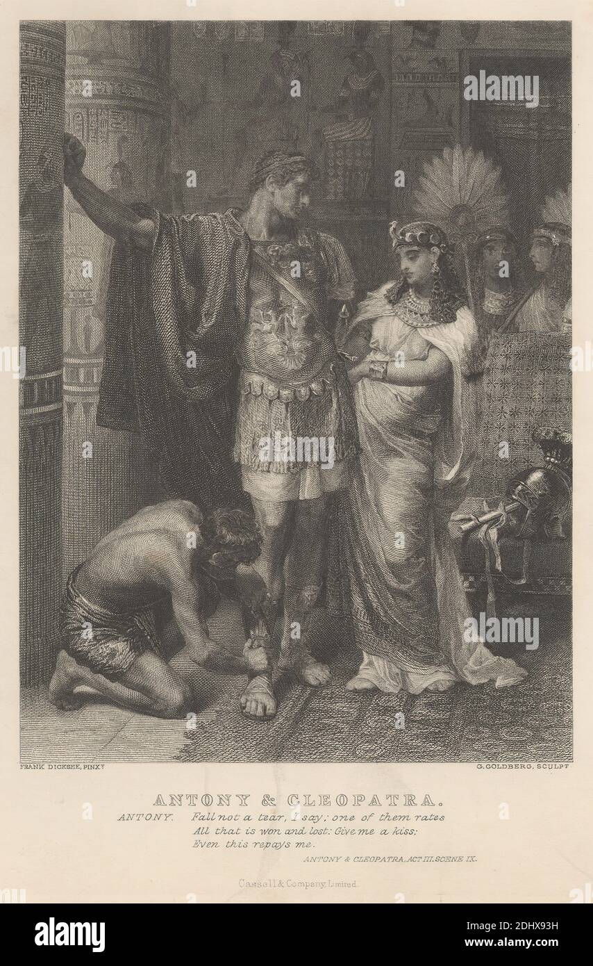 Antony and Cleopatra,' Act III, Scene XI, Georg Goldberg, 1830–1894, tedesco, dopo Frank Bernard Dicksee, 1853–1928, inglese, pubblicato da Cassell & Co., 1817–1901, inglese, non satinato, incisione e incisione di linea su carta di wove crema di spessore moderato, leggermente testurizzata, foglio: 11 1/8 x 8 1/16 pollici (28.2 x 20.5 cm), piatto: 10 1/4 x 7 13/16 pollici (26.1 x 19.9 cm), e immagine: 7 9/16 x 5 11/16 pollici (19.2 x 14.4 cm), Antony e Cleopatra, atto III, scena XI, armatura, colonne, costume, ventilatori, piume, casco, gioielli, tema letterario, amore, amanti, uomini, palazzo, faraone, colonne, gioco, regina (persona Foto Stock