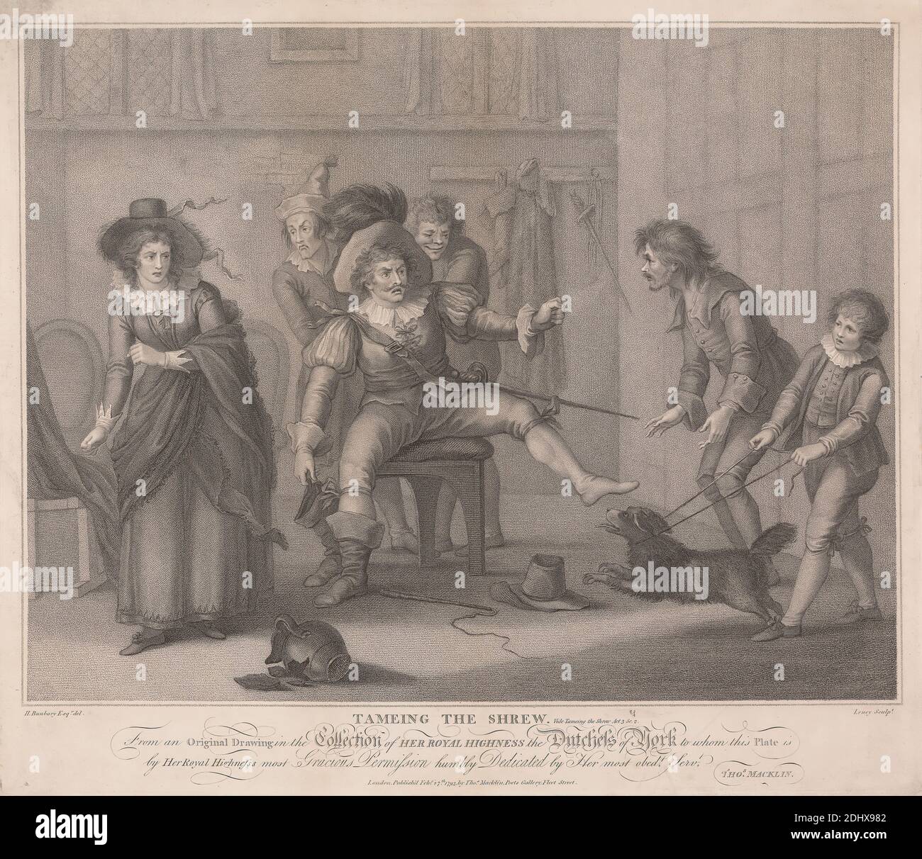 Taming the Shrew, Act III, Scene II, William S. Leney, 1769–1831, British, After Henry William Bunbury, 1750–1811, British, 1793, incisione e impresso su carta da wove leggermente spessa, crema, foglio: 16 9/16 × 19 1/8 pollici (42.1 × 48.6 cm), piatto: 16 1/4 × 18 13/16 pollici (41.3 × 47.8 cm) e immagine: 13 11/16 × 17 3/4 pollici (34.8 × 45.1 cm Foto Stock