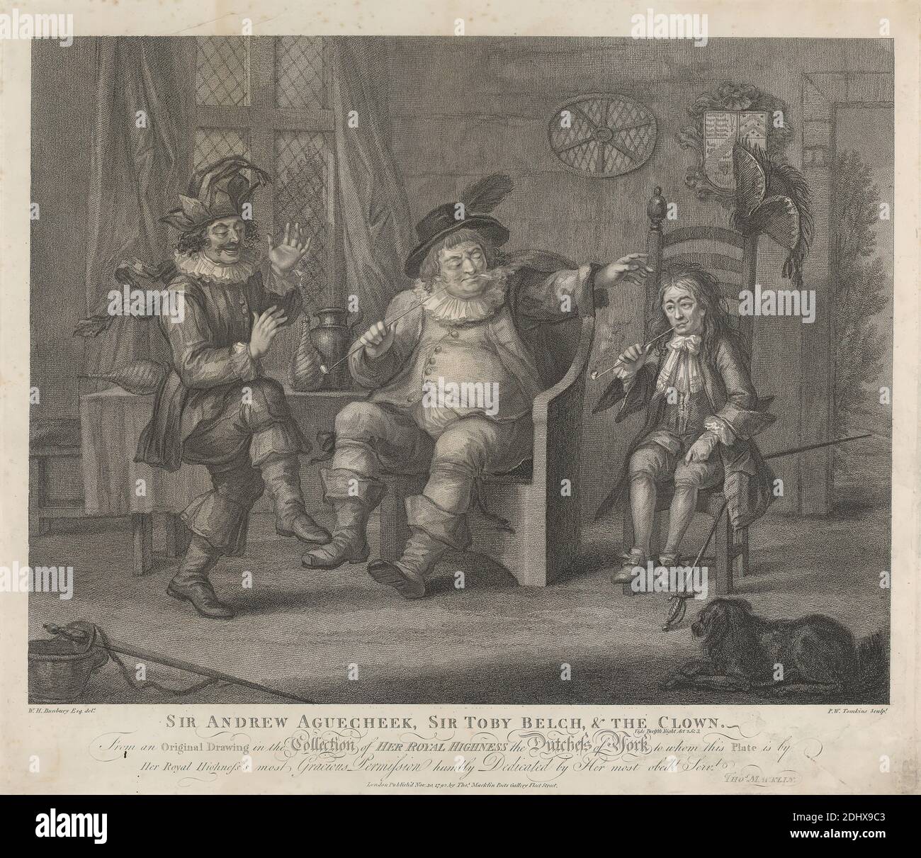Sir Andrew Aguecheek, Sir Toby Belch and the Clown - 'Twelfth Night', Act II, Scene III, Peltro W. Tomkins, 1760–1840, British, After Henry William Bunbury, 1750–1811, British, 1792, incisione e incisione su carta media, leggermente testurizzata, crema, wove, foglio: 16 5/8 × 19 1/4 pollici (42.2 × 48.9 cm), piastra: 16 5/16 × 18 7/8 pollici (41.4 × 47.9 cm) e immagine: 13 3/4 × 17 3/4 pollici (34.9 × 45.1 cm Foto Stock