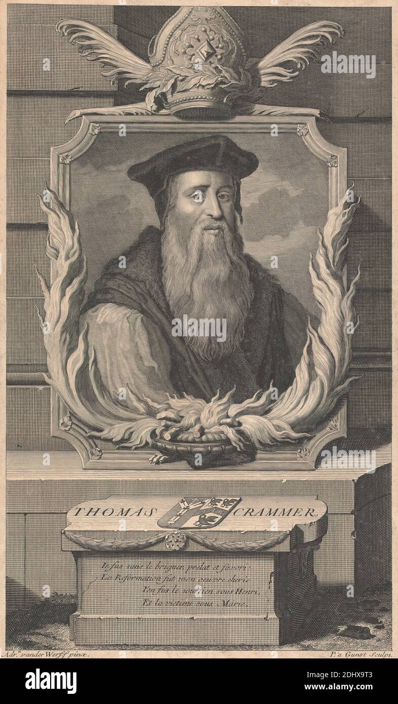 Thomas Cranmer, Pieter S. van der Gunst, 1659–c.. 1724, After Adriaan van der Werff, 1659–1722, Olandese, non satinato, incisione di linea su carta spessa, moderatamente testurizzata, crema, carta depresso, foglio: 11 15/16 × 7 5/16 pollici (30.3 × 18.6 cm) e immagine: 11 5/8 × 6 15/16 pollici (29.5 × 17.6 cm), barba, cappuccio, stemma, fiamme, cornice (zona ornamentale), uomo, mitro, ritratto, soggetto religioso e mitologico Foto Stock