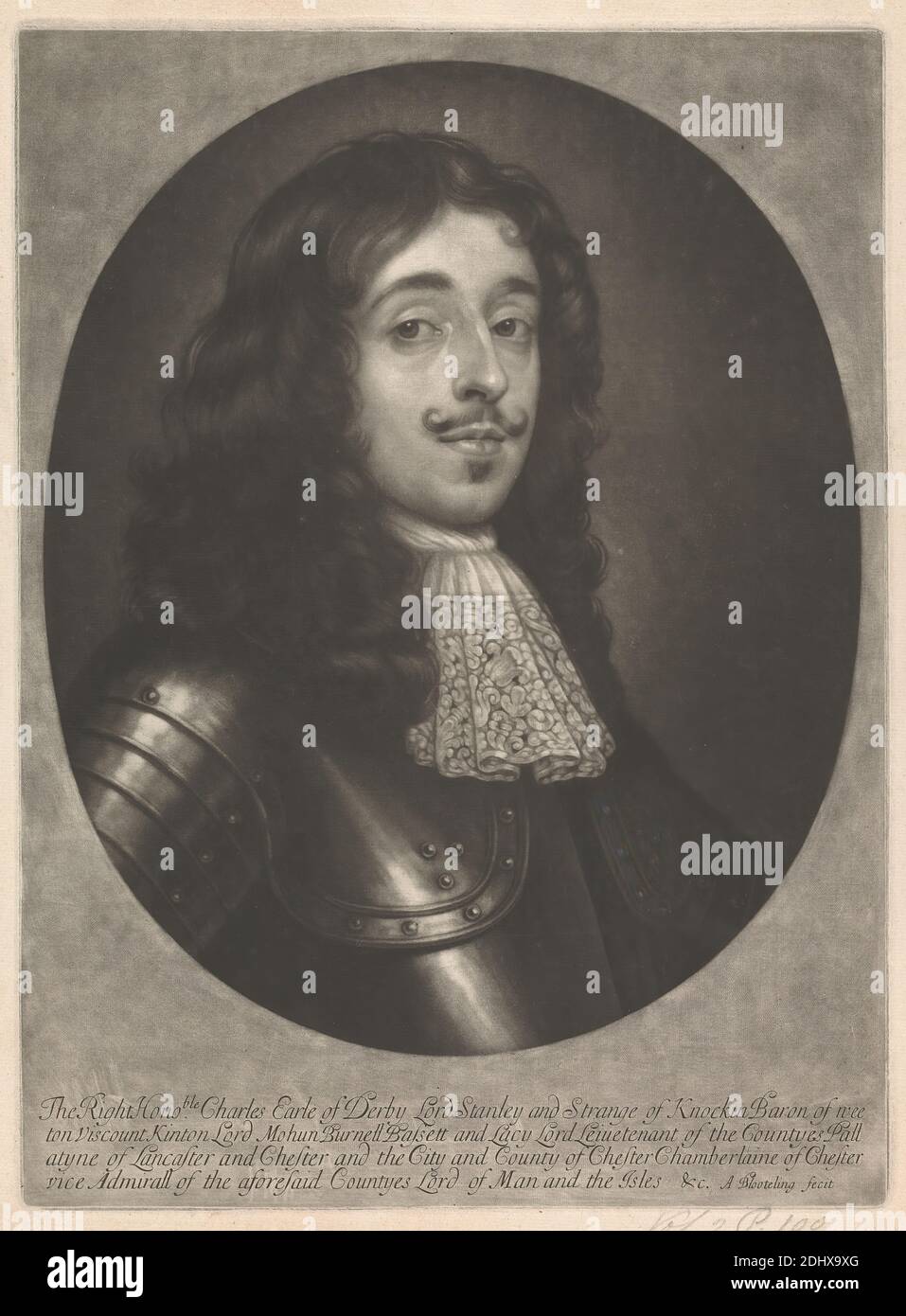 Charles Stanley, ottavo conte di Derby, dopo? Abraham Blooteling, 1640–1690, olandese, non satinato, Mezzotint su moderatamente spesso, leggermente testurizzato, crema, carta posata, foglio: 14 1/2 × 10 3/4 pollici (36.8 × 27.3 cm), piatto: 13 5/8 × 10 pollici (34.6 × 25.4 cm), e immagine: 11 1/2 × 9 7/16 pollici (29.2 × 24 cm Foto Stock