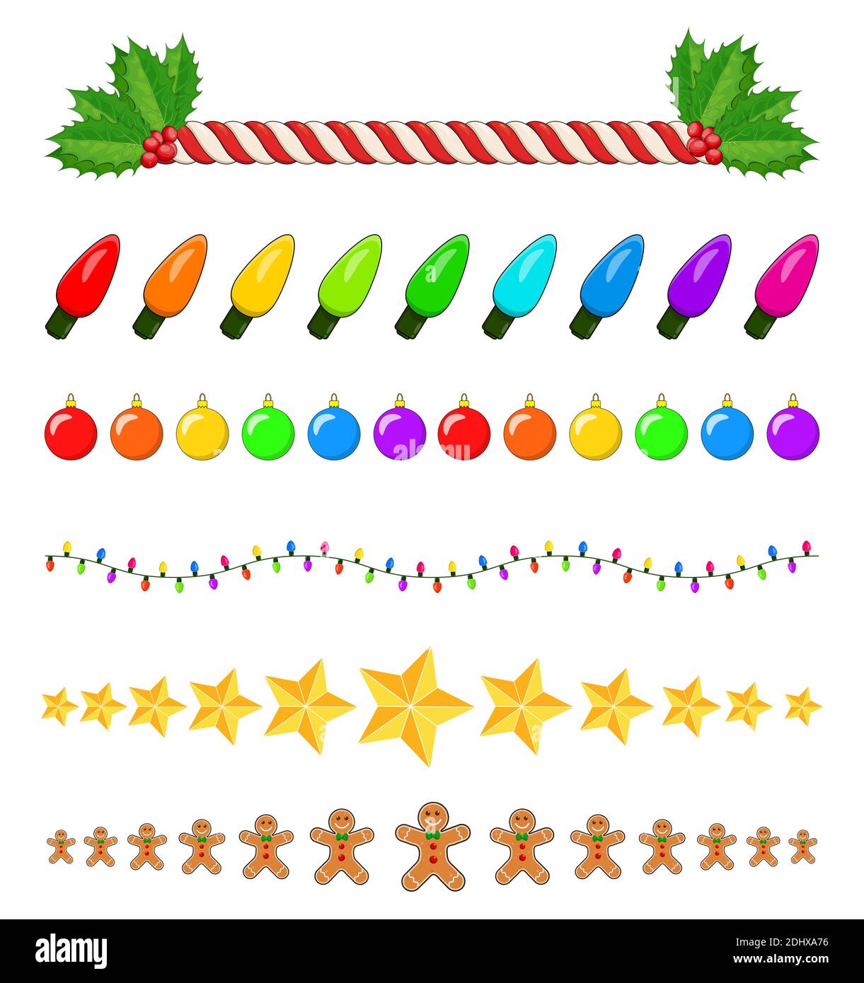Collezione di divisori natalizi. Set di bordi ornamentali vacanza vettoriale. Celebrazione linee di separazione con canna caramella, bacche agrifoglio, lampadina stringa, oro Illustrazione Vettoriale