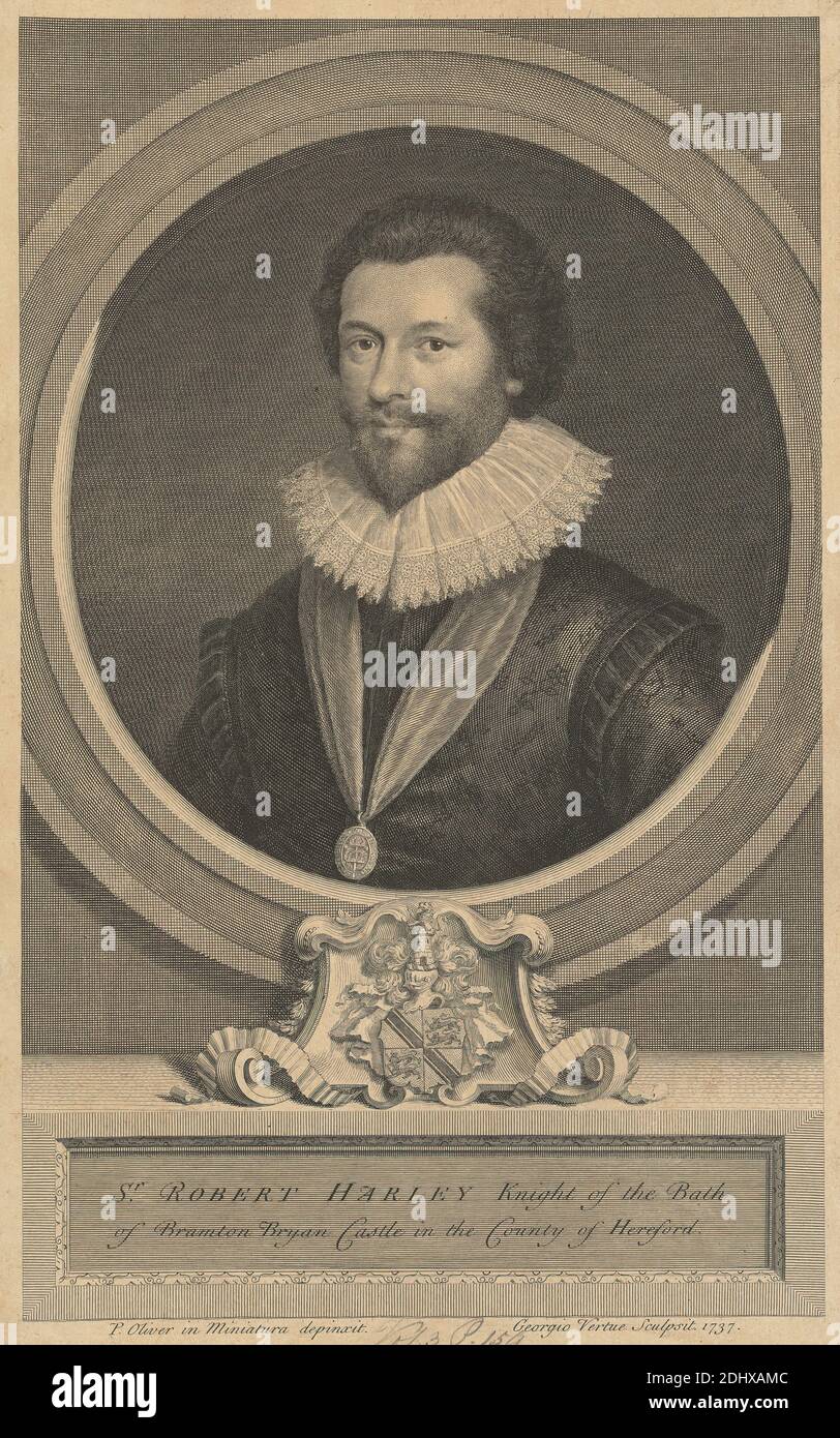Sir Robert Harley, George Verte, 1684–1756, britannico, dopo artista sconosciuto, ( ? Oliver ), 1737, impresso e linea su carta leggermente spessa, leggermente testurizzata, beige, foglio: 12 7/8 × 8 1/8 pollici (32.7 × 20.6 cm) e immagine: 12 1/4 × 7 9/16 pollici (31.1 × 19.2 cm Foto Stock