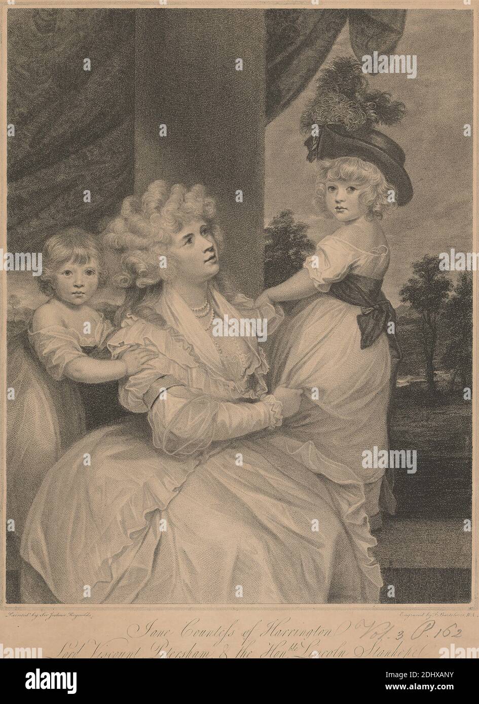 Jane, Contessa di Harrington, Lord Visconte Petersham e l'onorevole Lincoln Stanhope, Francesco Bartolozzi RA, 1728–1815, italiano, attivo in Gran Bretagna (1764–99), Sir Joshua Reynra, 1723–1792, britannico, 1789, incisione con impresso su carta media, leggermente testurizzata, beige, wove, foglio: 12 5/8 × 9 5/16 pollici (32.1 × 23.7 cm) e immagine: 11 1/4 × 8 13/16 pollici (28.6 × 22.4 cm Foto Stock