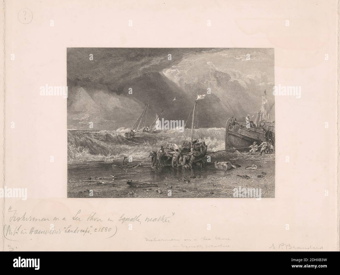 Scena costiera con i pescatori sbattimento di una barca a riva, Stampa fatta da Edward P. Brandard, 1819–1898, inglese, dopo Joseph Mallord William Turner, 1775–1851, inglese, non datato, incisione di linea, prova dell'incisore Foto Stock