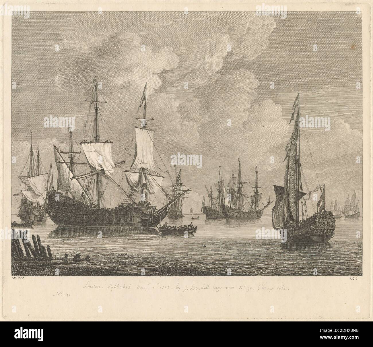 Studio marino No. 4, Stampa fatta da Pierre Charles Canot, ca. 1710–1777, francese, attivo in Gran Bretagna, dopo Willem van de Velde il Vecchio, (?), ca. 1611–1693, olandese, attivo in Gran Bretagna (dal 1672), dopo Willem van de Velde the Younger, (?), 1633–1707, olandese, attivo in Gran Bretagna (dal 1672), pubblicato da John Boydell, 1720–1804, inglese, 1773, incisione e incisione di linea su carta spessa, moderatamente testurizzata, a crema, foglio: 12 3/8 x 13 15/16 pollici (31.4 x 35.4 cm), piatto: 8 15/16 x 10 3/8 pollici (22.7 x 26.3 cm), e immagine: 7 1/2 x 9 7/8 pollici (19 x 25.1 cm), barche, nuvole, bandiere, galeoni, genere Foto Stock