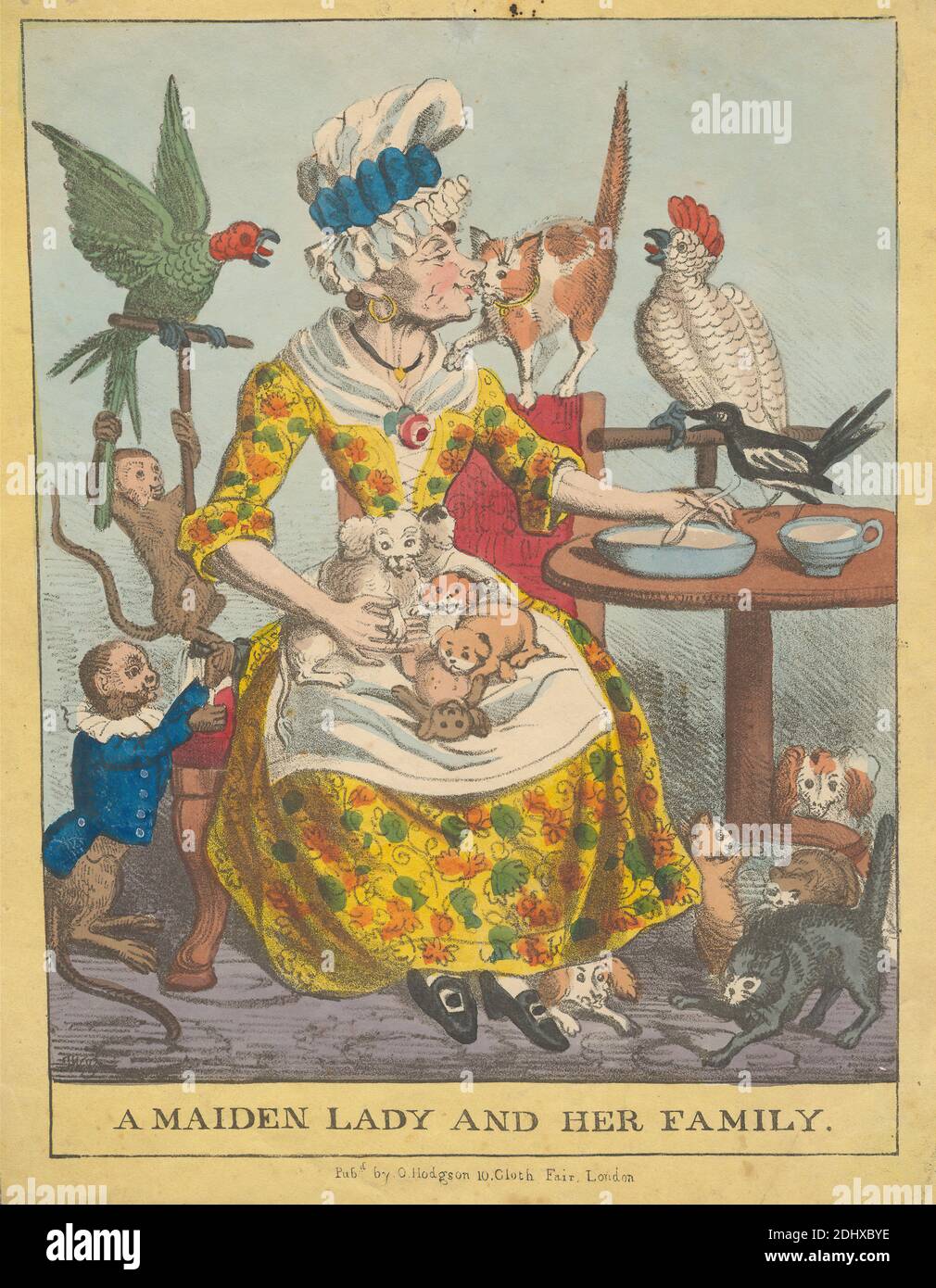 A Maiden Lady and Her Family, Stampa di artista sconosciuto, (G., T. W.), pubblicato da Orlando Hodgson, attivo 1820–1840, inglese, tra il 1820 e il 1840, litografia con acquerello su carta wove beige di spessore moderato, leggermente testurizzata, foglio: 11 1/2 x 8 7/8 pollici (29.2 x 22.5 cm) e immagine: 9 7/16 x 7 11/16 pollici (23.9 x 19.5 cm), arte animale, grembiule, uccelli, berretto, caricature, gatti, cani (animali), orecchini, famiglia, genere soggetto, umorismo, baciare, nubile, latte, scimmie (animali), vecchio, pappagalli, cuccioli, satira, piattino, cucchiaio, tè, teacup, donna Foto Stock