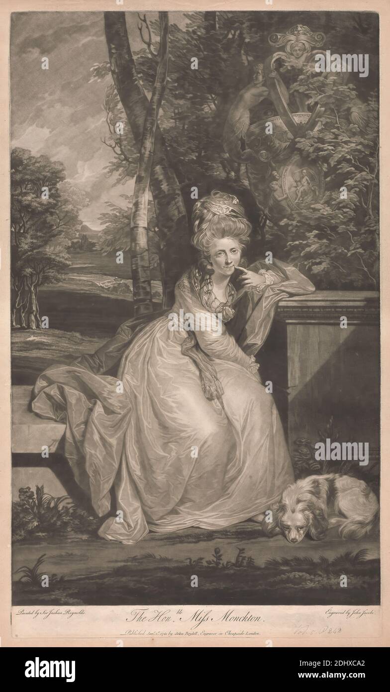 Onorevole Mary Monkton, Johann Jacobé, 1733–1797, austriaco, dopo Sir Joshua Reynolds RA, 1723–1792, inglese, 1781, Mezzotint su carta depilata di spessore moderato, leggermente testurizzata, beige, foglio: 26 1/4 × 15 15/16 pollici (66.7 × 40.5 cm), piatto: 25 1/4 × 14 15/16 pollici (64.1 × 37.9 cm) e immagine: 23 15/16 × 14 7/8 pollici (60.8 × 37.8 cm Foto Stock