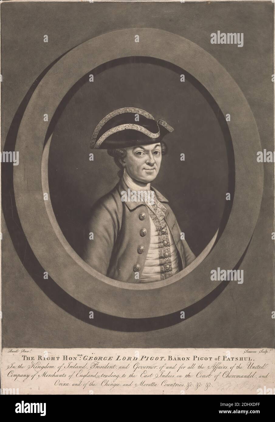 Onorevole George, Lord Pigot, Scawen, attivo 1770s, dopo John Powell, attivo 1769–1785, britannico, non saturato, Mezzotint su moderatamente spesso, moderatamente testurizzato, crema, carta di wove, foglio: 20 1/16 × 13 7/8 pollici (51 × 35.2 cm), piatto: 19 15/16 × 13 13/16 pollici (50.6 × 35.1 cm), e immagine: 17 1/2 × 13 3/4 pollici (44.5 × 34.9 cm Foto Stock