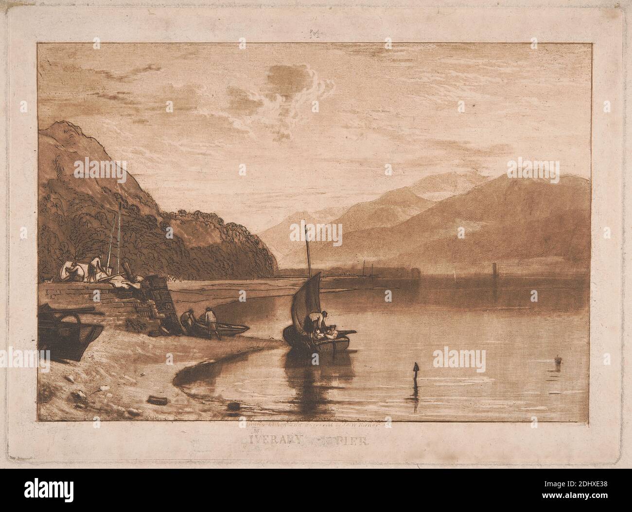 Inverary Pier, Loch Fyne, Morning, inciso e inciso da Joseph Mallord William Turner, 1775–1851, inglese, dopo Joseph Mallord William Turner, 1775–1851, inglese, 1811, incisione e mezzotinta, stampato in inchiostro marrone a prova di incisione (b)(toccato) su carta media, leggermente testurizzata, in carta color crema, foglio: 9 1/4 × 12 3/8 pollici (23.5 × 31.4 cm), piastra: 8 1/2 × 11 1/2 pollici (21.6 × 29.2 cm), e immagine: 7 1/8 × 10 3/8 pollici (18.1 × 26.4 cm Foto Stock