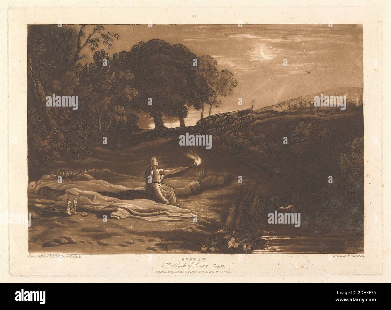 Rispah: 2nd Book of Samuel, Cap. 21, inciso da Joseph Mallord William Turner, 1775–1851, inglese, inciso da Robert Dunkarton, 1744–1811, inglese, dopo Joseph Mallord William Turner, 1775–1851, inglese, 1812, incisione e mezzotint, stampato in inchiostro marrone prima pubblicato stato su carta media, leggermente testurizzata, carta color crema, foglio: 11 × 16 7/8 pollici (27.9 × 42.9 cm), piastra: 8 1/4 × 11 1/2 pollici (21 × 29.2 cm), e immagine: 7 1/8 × 10 3/8 pollici (18.1 × 26.4 cm), da solo, corpi, morte, fuoco, collina, paesaggio, luna, madre, lutto, Antico Testamento, protezione, soggetto religioso e mitologico Foto Stock