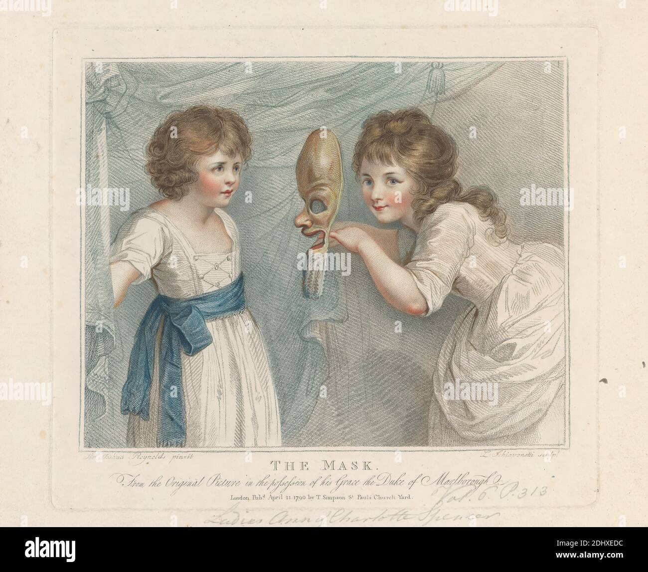 La maschera, Luigi Schiavonetti, 1765–1810, italiano, dopo Sir Joshua Reynolds RA, 1723–1792, inglese, 1790, incisione a colori e stampa con colorazione a mano ad acquerello su carta d'wove cremosa, leggermente testurizzata, foglio: 10 3/16 × 12 9/16 pollici (25.9 × 31.9 cm), piatto: 9 1/16 × 10 3/8 pollici (23 × 26.4 cm) e immagine: 7 5/16 × 9 1/8 pollici (18.6 × 23.2 cm Foto Stock
