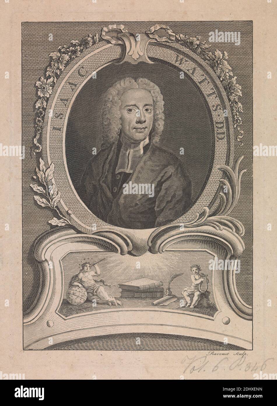 Isaac Watts, Simon Francois Ravenet, 1721–1774, francese, attivo in Gran Bretagna, dopo artista sconosciuto, incisioni senza disegno, con impresso e linea su carta di spessore moderato, moderatamente testurizzata, beige, foglio: 9 1/8 × 6 11/16 pollici (23.2 × 17 cm), piatto: 8 7/16 × 5 15/16 pollici (21.4 × 15.1 cm), e immagine: 7 13/16 × 5 7/16 pollici (19.8 × 13.8 cm), bande, libri, Cartouche, figure, cornice (zona ornamentale), uomo, ritratto, soggetto religioso e mitologico, parrucca Foto Stock