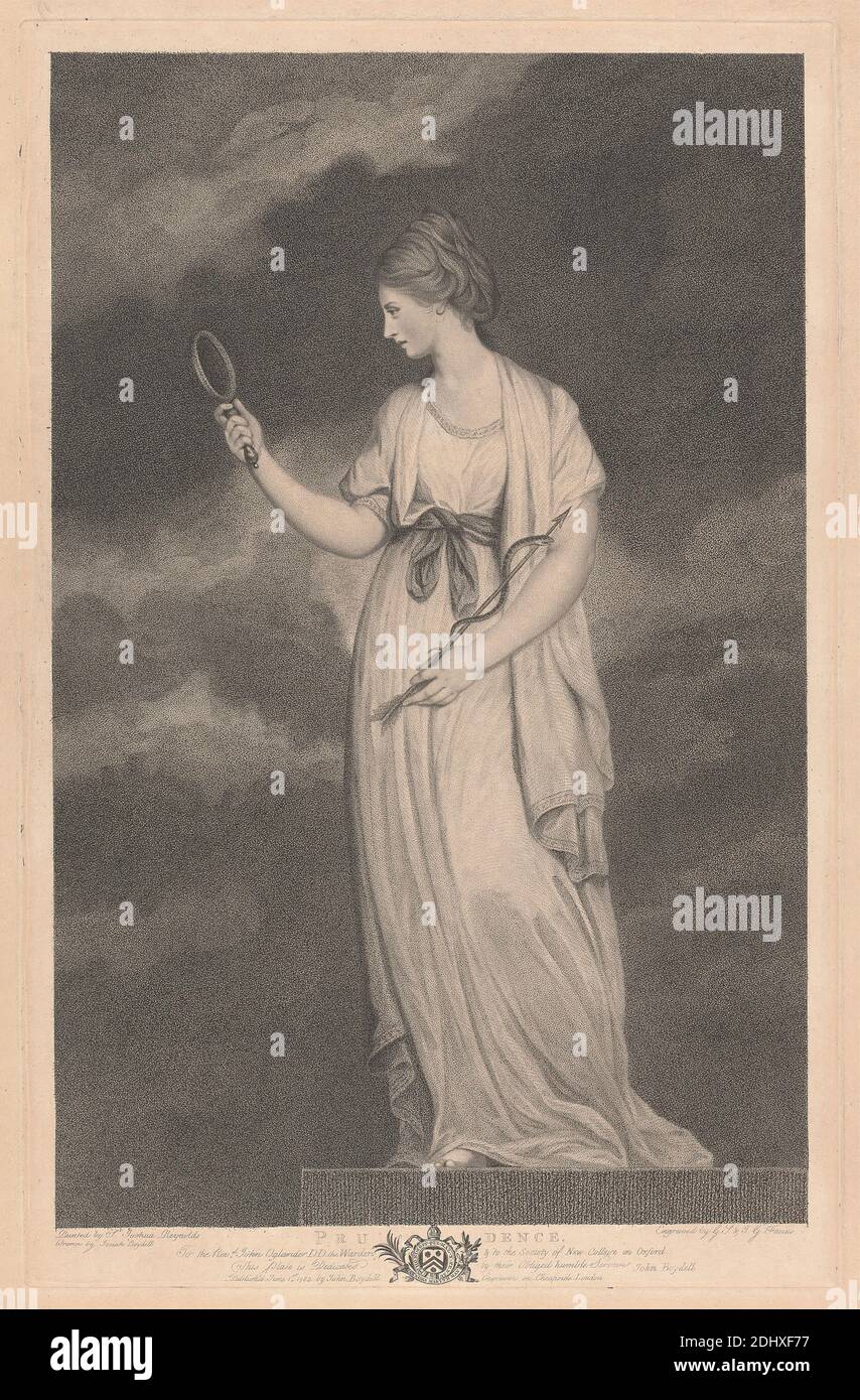 West Window of the Chapel, New College Oxford: Le virtù - Prudence, George Siegmund Facius, 1750–1804, dopo Sir Joshua Reynolds RA, 1723–1792, British, 1782, incisione a stipsi su carta spessa, ruvida, beige, foglio: 24 1/2 × 18 1/8 pollici (62.2 × 46 cm), piatto: 19 15/16 × 12 7/8 pollici (50.6 × 32.7 cm), e immagine: 18 3/8 × 11 13/16 pollici (46.7 × 30 cm), allegoria, freccia, specchio, prudenza, soggetto religioso e mitologico, scialle, serpente, donna Foto Stock