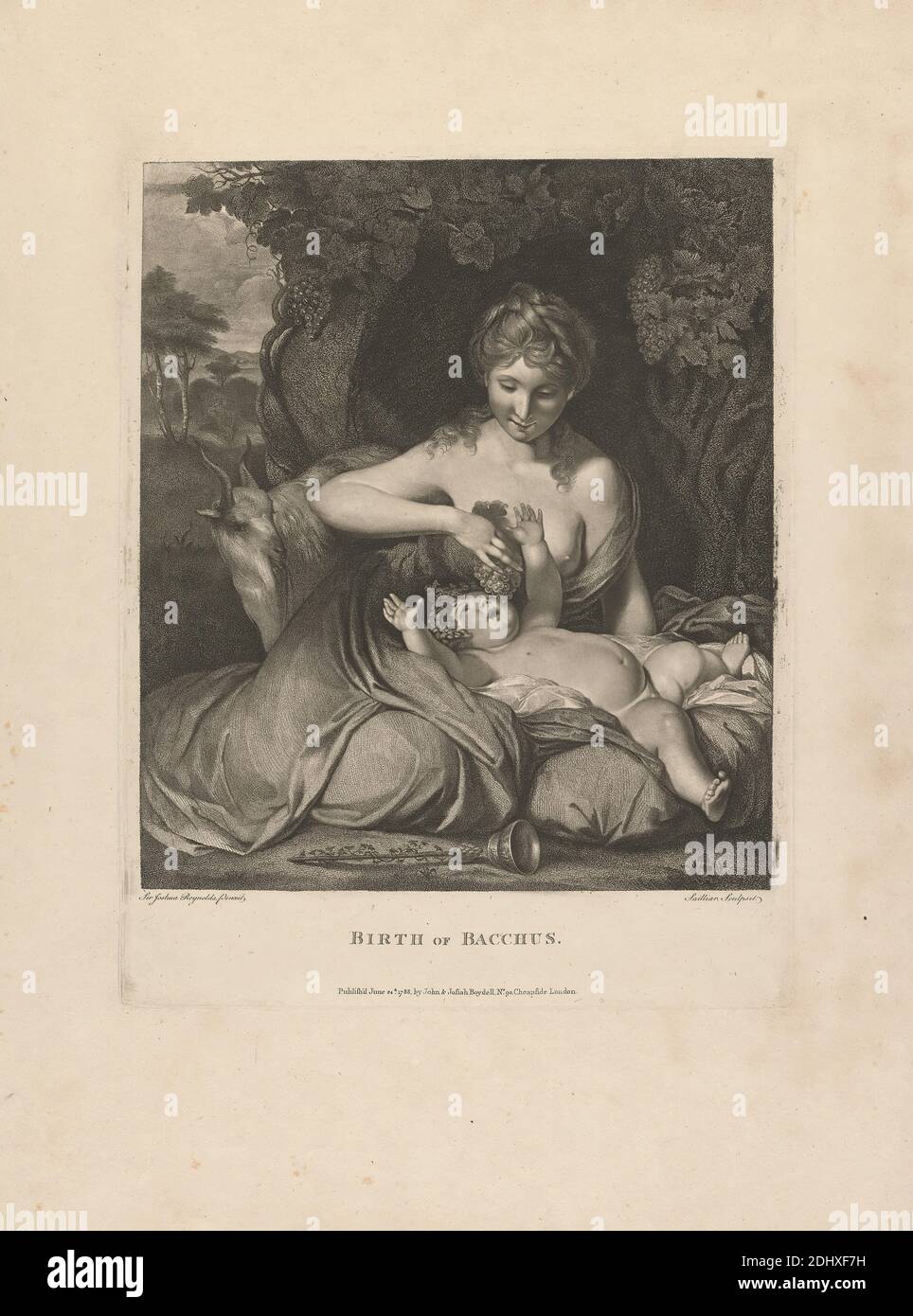 Nascita di Bacchus, dopo Sir Joshua Reynolds RA, 1723–1792, British, Louis Sailliar, 1748–1795, francese, 1788, incisione a stipsi su carta spessa, moderatamente testurizzata, beige, wove, foglio: 20 5/8 × 15 1/2 pollici (52.4 × 39.4 cm), piatto: 14 1/8 × 11 pollici (35.9 × 27.9 cm) e immagine: 12 × 10 3/8 pollici (30.5 × 26.4 cm), dio, uva, viti Foto Stock