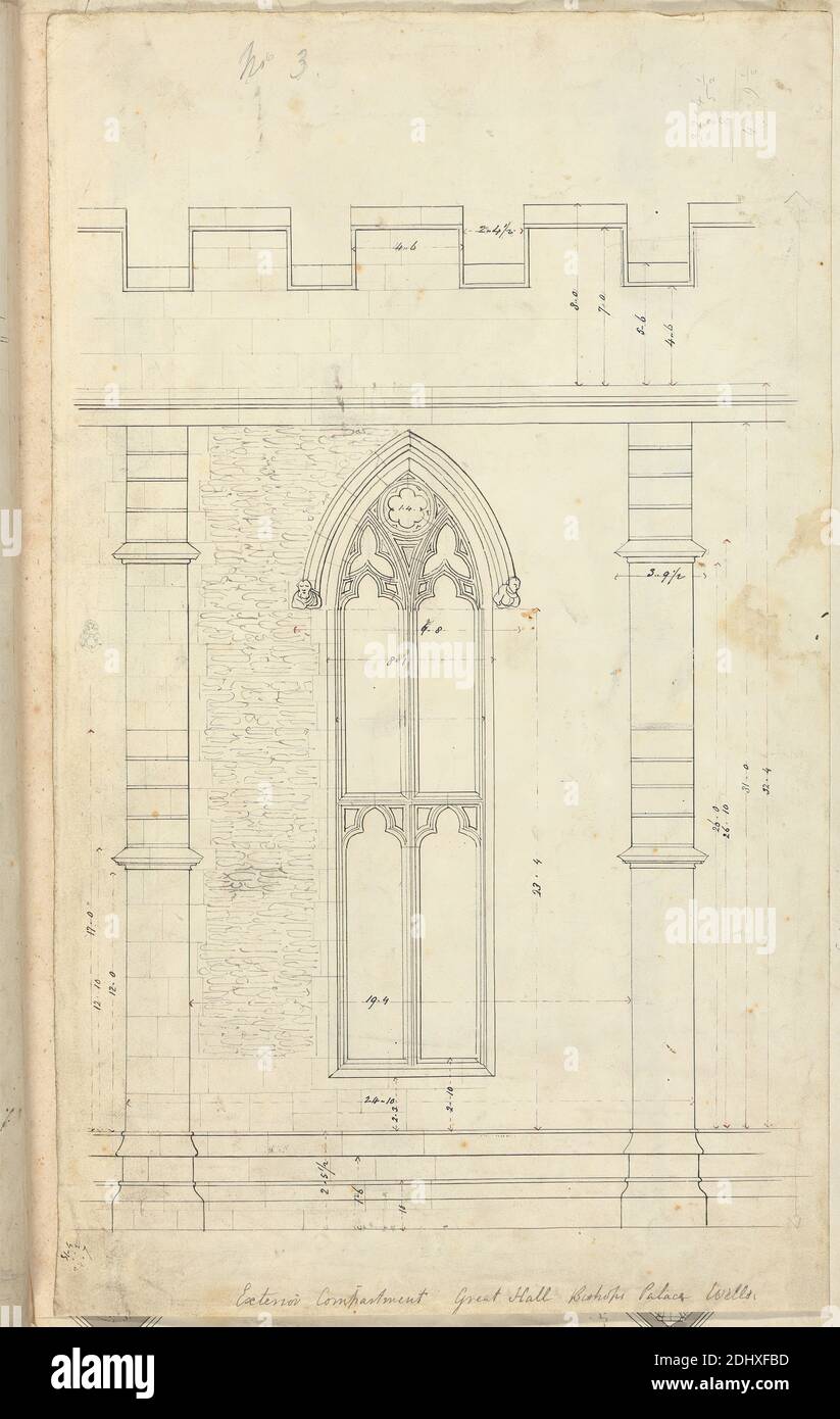 Palazzo Vescovile, Wells, Somerset: Elevazione della Grande Sala, Augustus Welby Northmore Pugin, 1812–1852, British, Studio di Augustus Charles Pugin, 1762–1832, francese, non ondeggiato, penna e inchiostro nero, grigio e violetto con grafite su carta media, liscia, crema di wove, foglio: 15 1/8 x 9 pollici (38.4 x 22.9 cm), soggetto architettonico, esterno, gotico (medievale), grandi sale, palazzo, pietra, finestre, pozzi Foto Stock