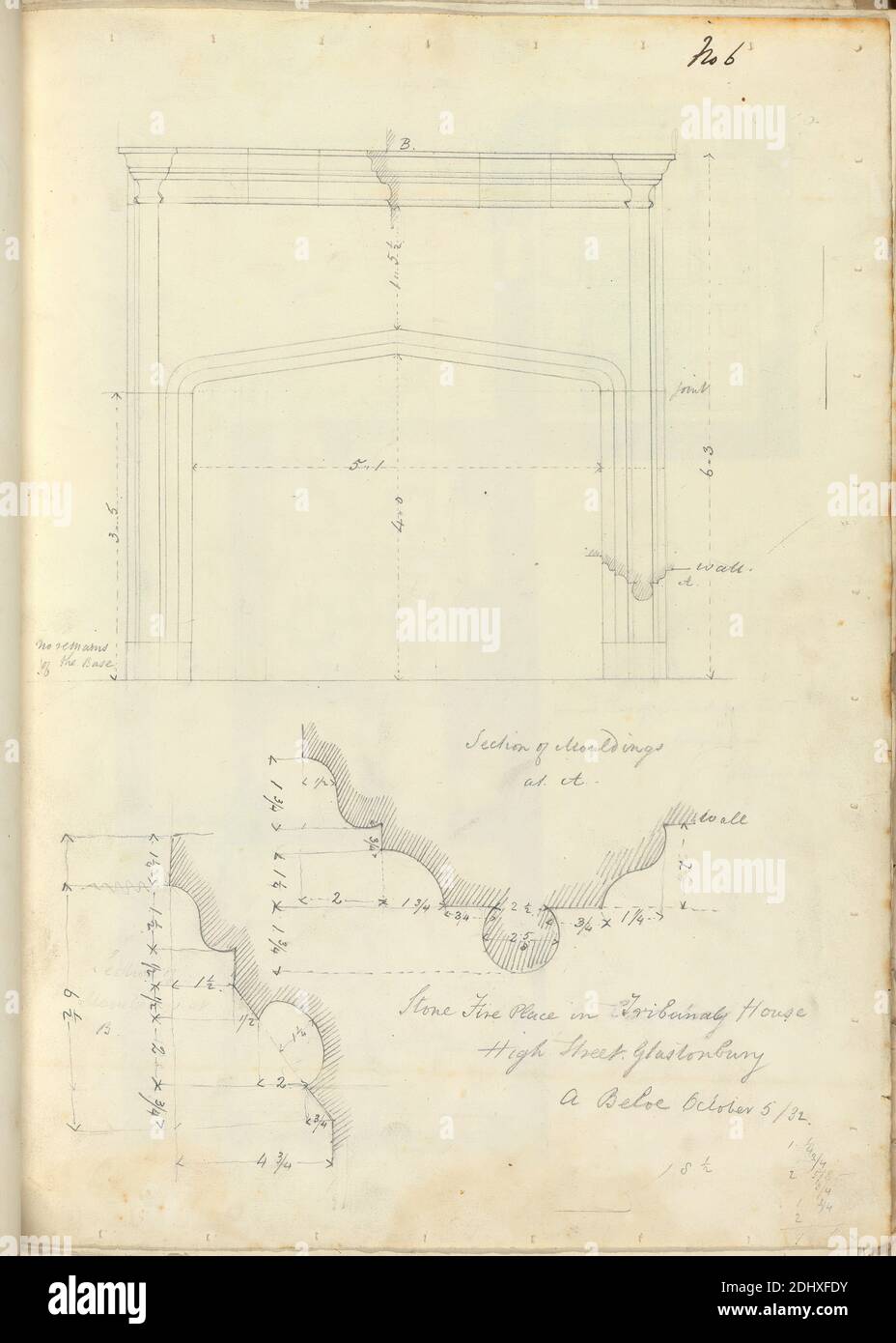 Tribunal House, Glastonbury, Somerset: Elevazione e dettagli di pietra Camino, artista sconosciuto, ( A Beloe), studio di Augustus Charles Pugin, 1762–1832, francese, ex Augustus Welby Northmore Pugin, 1812–1852, inglese, 1832, grafite su carta di wove crema di spessore moderato, leggermente testurizzata, foglio: 14 3/4 x 10 3/4 pollici (37.5 x 27.3 cm), soggetto architettonico, gotico (medievale), disegni (disegni), sezioni, pietra, Glastonbury Foto Stock