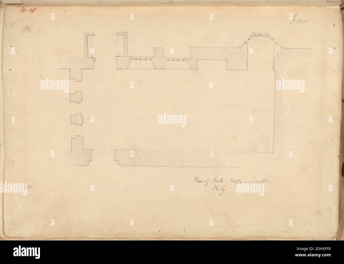 Raglan Castle, Monboccuthshire, Galles: Piano di Hall, artista sconosciuto, (B Green), Studio di Augustus Charles Pugin, 1762–1832, francese, ex Augustus Welby Northmore Pugin, 1812–1852, inglese, non trattato, grafite su carta media, liscia, carta di wove crema, foglio: 10 3/4 x 15 1/16 pollici (27.3 x 38.3 cm), soggetto architettonico, gotico (medievale), sale, disegni (disegni), Monmouthshire, Castello di Raglan Foto Stock