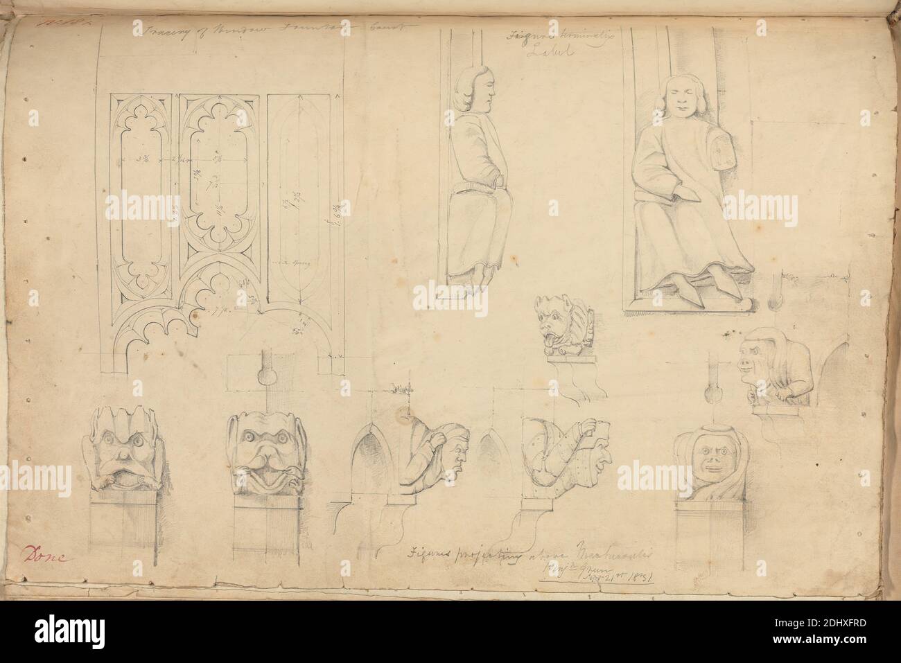 Raglan Castle, Monboccuthshire, Galles: Dettagli di figure disegnate e scolpite, artista sconosciuto, (B Green), Studio di Augustus Charles Pugin, 1762–1832, francese, ex Augustus Welby Northmore Pugin, 1812–1852, inglese, 1831, grafite e penna e inchiostro rosa su carta wove liscia e di spessore moderato, foglio: 10 1/2 x 15 pollici (26.7 x 38.1 cm), animali, soggetto architettonico, cani (animali), Gotico (medievale), grottesche, teste, machicolations, persone, piani (disegni), finestre, Monmouthshire, Castello di Raglan Foto Stock