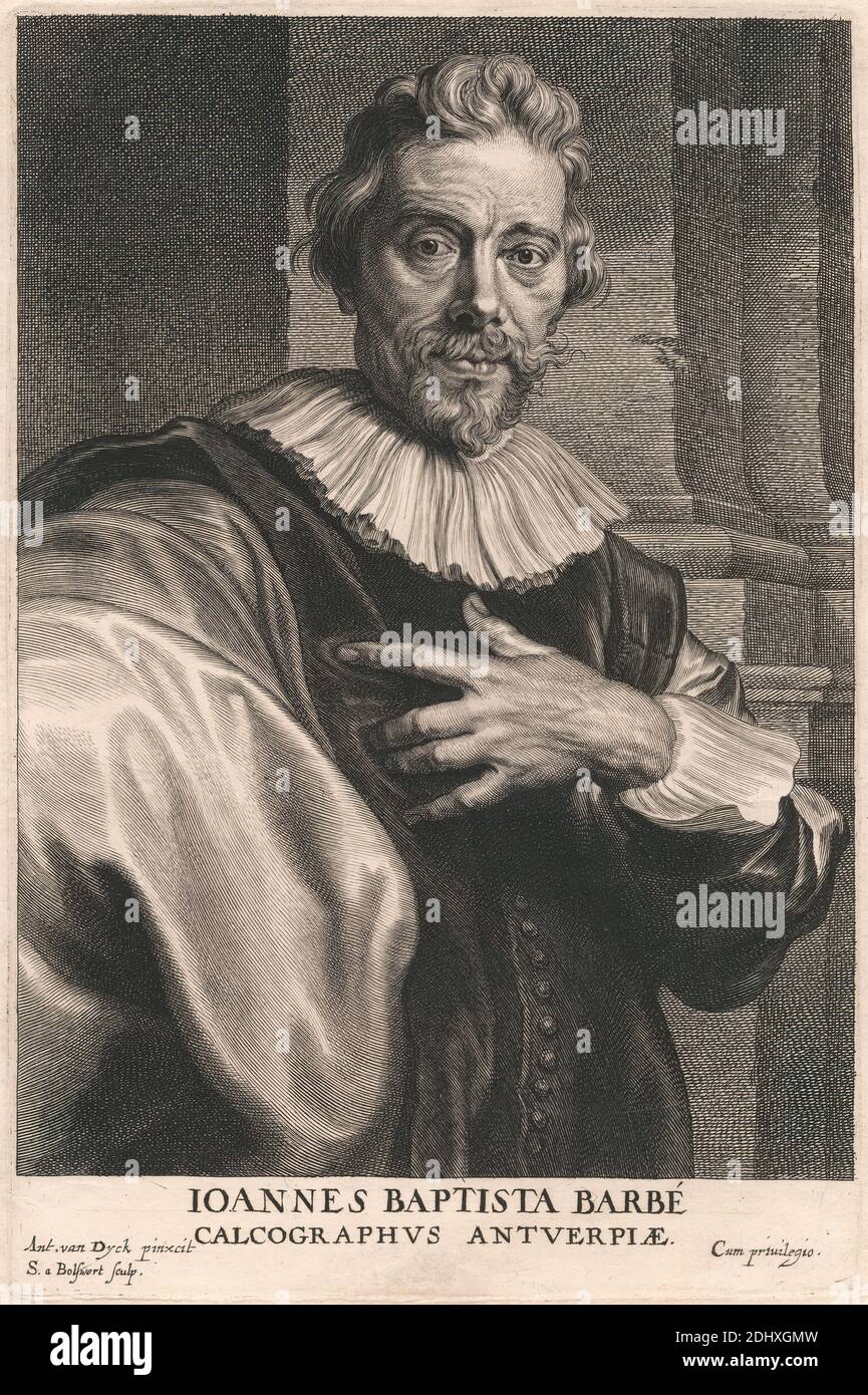 Joannes Baptista Barbé, Calcograpus Antuerpiæ, Schelte A. Bolswert, 1586–1659, olandese, dopo Sir Anthony Van Dyck, 1599–1641, fiammingo, attivo in Gran Bretagna (1620–21; 1632–34; 1635–41), ca.1635, incisione di linea su carta media, leggermente testurizzata, crema, foglio: 13 1/2 × 8 9/16 pollici (34.3 × 21.7 cm), piatto: 9 5/8 × 6 3/8 pollici (24.4 × 16.2 cm) e immagine: 8 11/16 × 6 1/4 pollici (22.1 × 15.9 cm Foto Stock