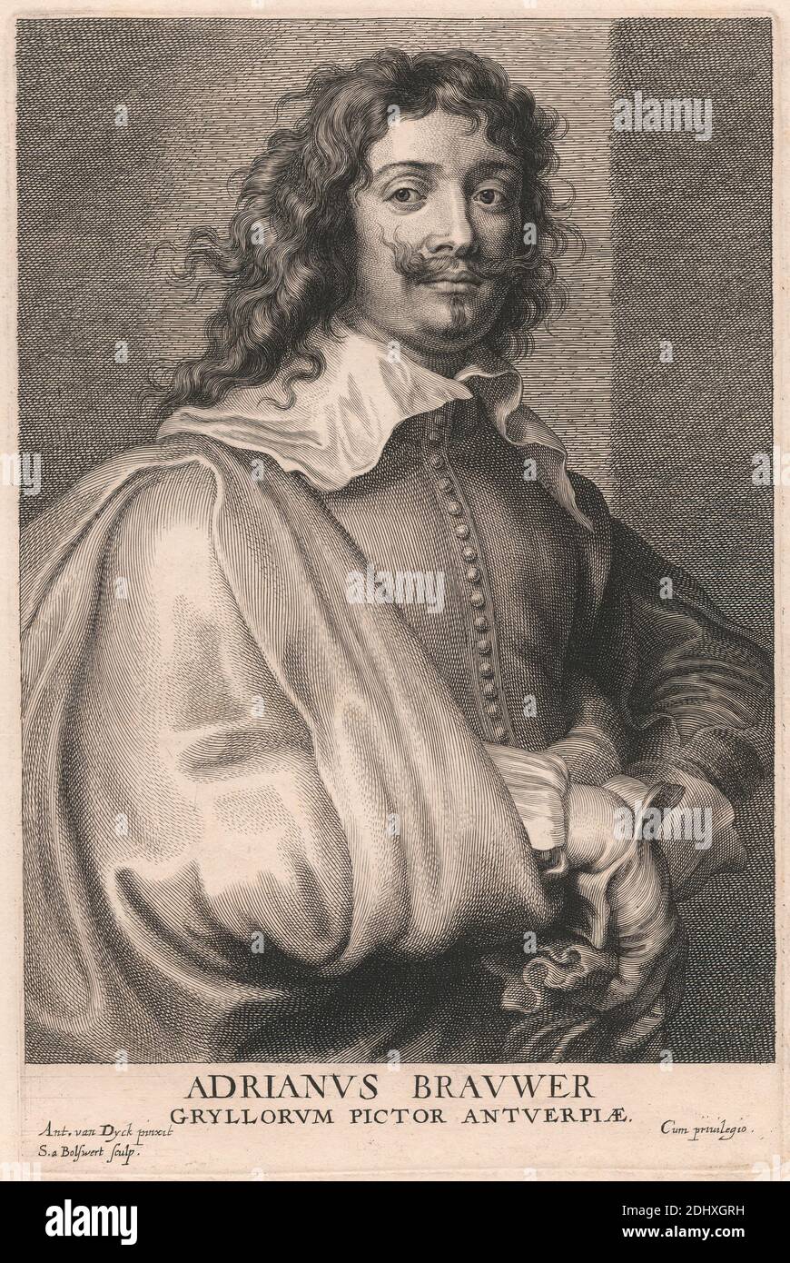 Adrianus Brauwer, Gryllorum Pictor Antuerpiæ, Schelte A. Bolswert, 1586–1659, olandese, dopo Sir Anthony Van Dyck, 1599–1641, fiammingo, attivo in Gran Bretagna (1620–21; 1632–34; 1635–41), ca.1635, incisione con impresso e linea, (4° stato) su supporto, leggermente testurizzato, crema, foglio: × 11 1/4 × cm (28.6 cm), piastra: 40.3 15 7/8 cm ( cm), piastra: Cm ( cm ( cm) 9 9/16 × 6 5/16 pollici (24.3 × 16 cm) e immagine: 8 5/8 × 6 1/4 pollici (21.9 × 15.9 cm Foto Stock