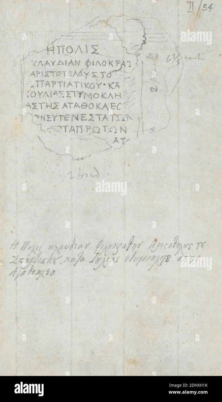 Antiche iscrizioni in greco Alfabeto, Sir Robert Smirke il giovane, 1781–1867, inglese, 1802-1804, grafite su medio, moderatamente testurizzato, bianco bluito, carta a fogli, foglio: 7 3/16 × 4 3/8 pollici (18.3 × 11.1 cm Foto Stock