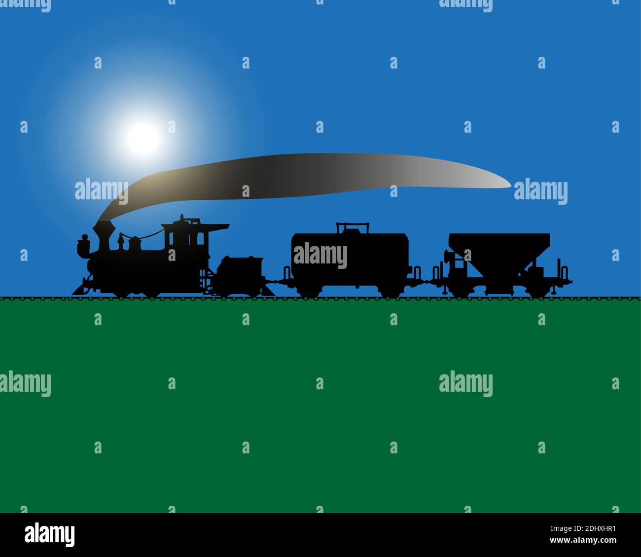 Treno sul ponte ferroviario con paesaggio all'aperto al tramonto blu, sole all'alba. Background del concetto di viaggio vettoriale. Treno all'aperto, trasporto, viaggio. Vect Illustrazione Vettoriale