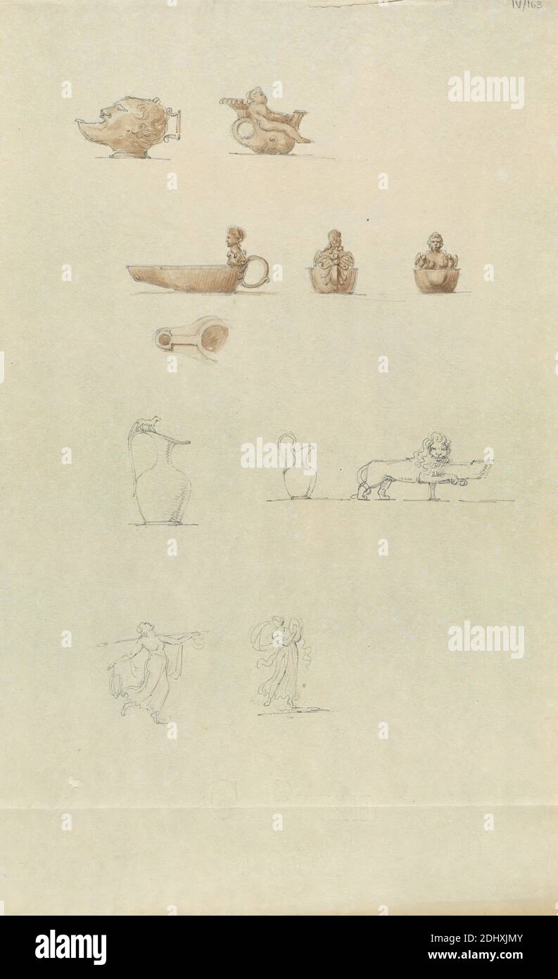 Bozzetti di disegni ornamentali, per lampade ad olio e recipienti per versare, Sir Robert Smirke il giovane, 1781–1867, inglese, 1802-1804, lavaggio marrone, grafite, penna e inchiostro marrone su carta sottile, moderatamente testurizzata, beige, wove, foglio: 15 1/4 × 9 3/4 pollici (38.7 × 24.8 cm Foto Stock