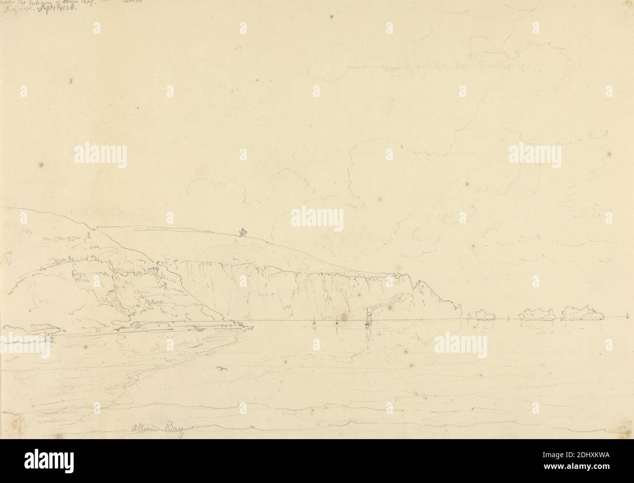 Vicino all'entrata di Alum Bay, 1 settembre 1826, Capt. Thomas Hastings, 1778–1854, British, 1826, grafite su carta media, leggermente testurizzata, crema di wove, foglio: 9 1/8 × 13 1/8 pollici (23.2 × 33.3 cm Foto Stock