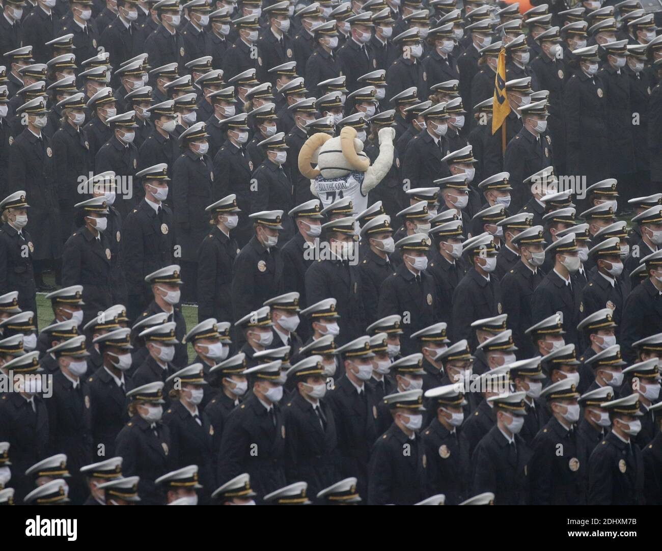 West Point, Stati Uniti. 12 dicembre 2020. Bill the Goat, mascotte della United States Naval Academy, cammina attraverso i cadetti della U.S. Military Academy che si trovano in una formazione pre-partita e indossare maschere di fronte prima che i Cavalieri neri dell'esercito giocano il Navy Midshipmenon nel 121esimo gioco tradizionale della Marina militare al Michie Stadium a West Point. Credit: UPI/Alamy Live News Foto Stock