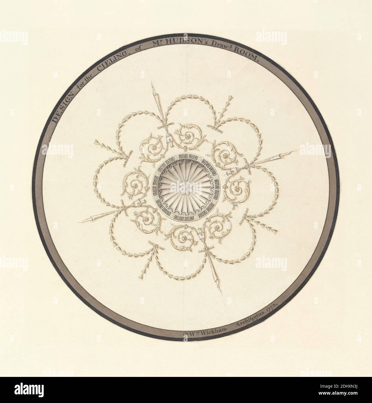 Unidentified House for Giles Hudson, Putney, Surrey: Disegno del soffitto della stanza, William Wickham, nato ca.1750, britannico, non satinato, penna e inchiostro e acquerello su moderatamente testurizzato, moderatamente spesso, carta panna posata, foglio: 10 13/16 × 10 13/16 pollici (27.5 × 27.5 cm), soggetto architettonico Foto Stock