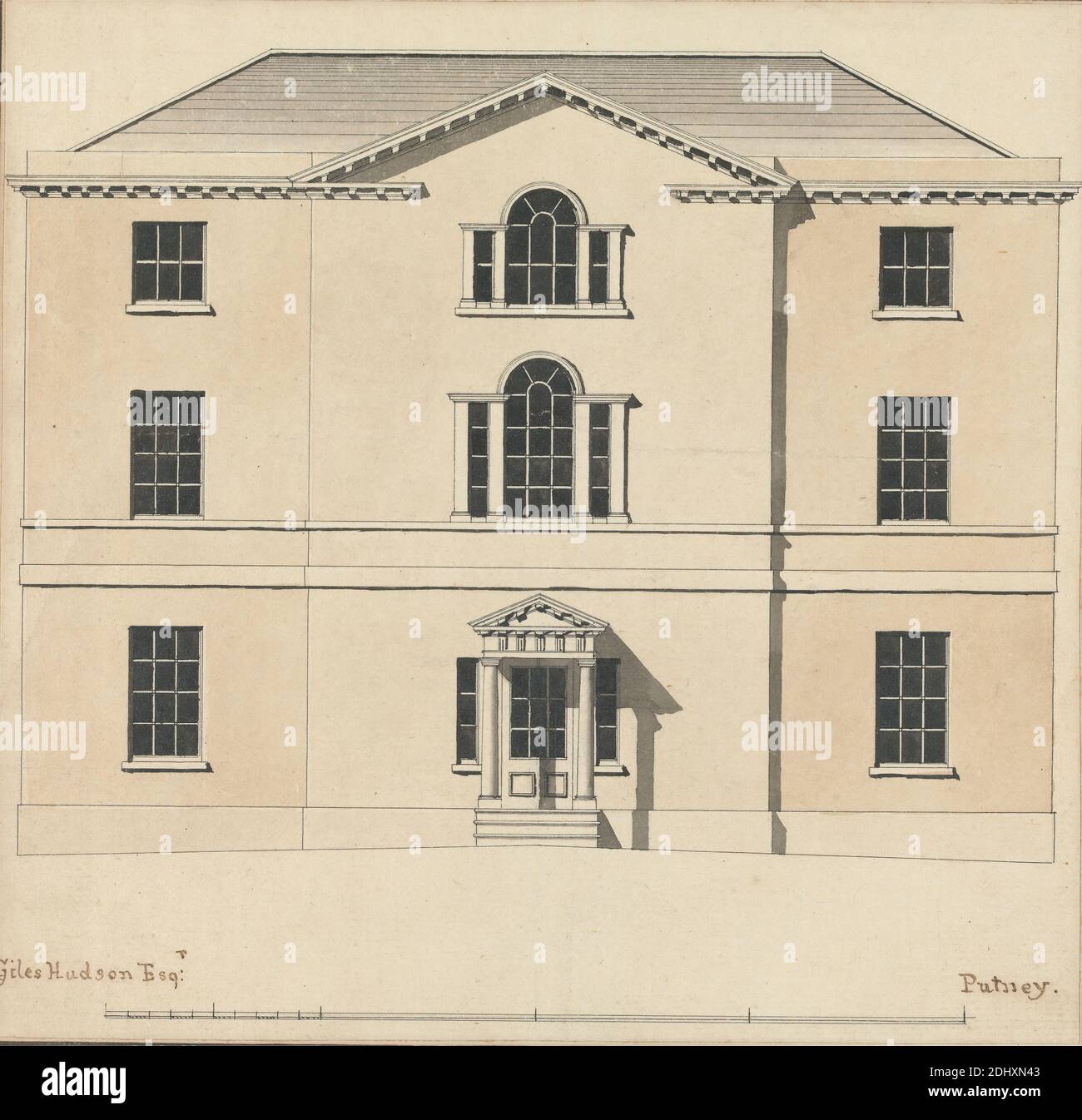 Casa non identificata per Giles Hudson, Putney, Surrey: Entrata elevazione frontale, William Wickham, nato ca.1750, inglese, non satinato, grafite, penna e inchiostro nero e marrone, acquerello su carta moderatamente testurizzata, moderatamente spessa, crema posata, foglio: 8 3/8 × 8 7/8 pollici (21.3 × 22.5 cm), soggetto architettonico Foto Stock