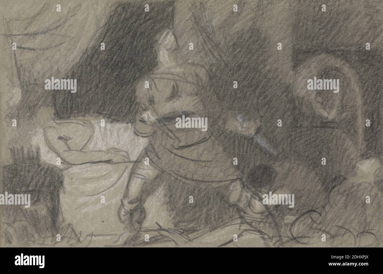 The Murder of Duncan - Macbeth with the Daggers, Benjamin Robert Haydon, 1786–1846, inglese, tra il 1809 e il 1811, grafite, gesso nero e gesso bianco su carta di spessore moderato, testurizzata moderatamente, grigia, wove, foglio: 5 11/16 × 8 5/8 pollici (14.4 × 21.9 cm), attacco, letto, pugnali, tendaggi, studio di figura, guardie, re (persona), tema letterario, uomini, omicidio, opere di William Shakespeare, ombre, sonno, la tragedia di Macbeth Foto Stock