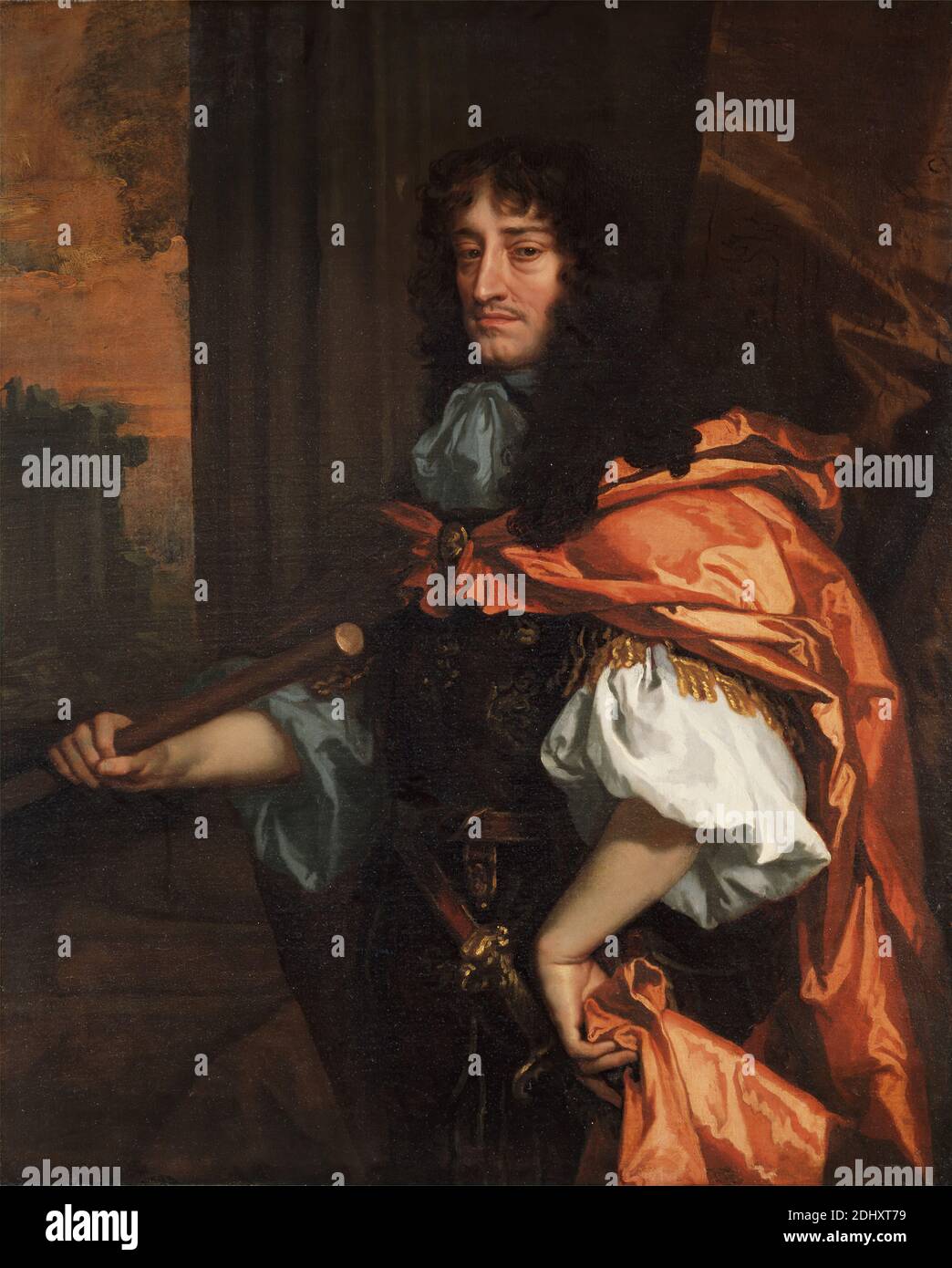 Prince Rupert del Reno, Studio di Sir Peter Lely, 1618–1680, olandese, attivo in Inghilterra (dal 1643), dal 1666 al 1671, Oil on Canvas, Support (PTG): 49 1/2 x 39 3/4 pollici (125.7 x 101 cm), capo, colonna (elemento architettonico), costume, tenda, tedesco, uomo, nobile (aristocratico), ritratto, principe, rovine, serie (gruppo), staff (bastone da passeggio), parrucca Foto Stock