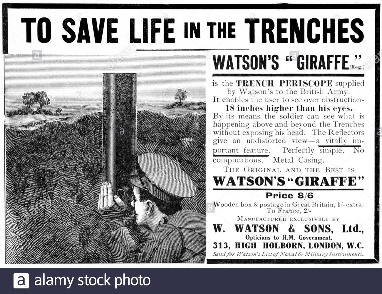 WW1 periscope Giraffe Trench di Watson, pubblicità vintage dal 1915 Foto Stock