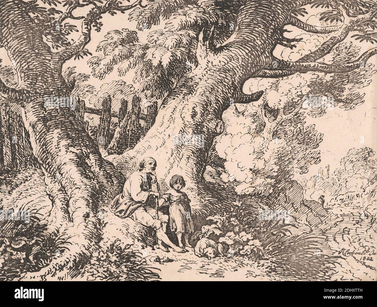 Old Trees with Old Man, Child and Dog, Richard Corbould, 1757–1831, British, 1802 Foto Stock