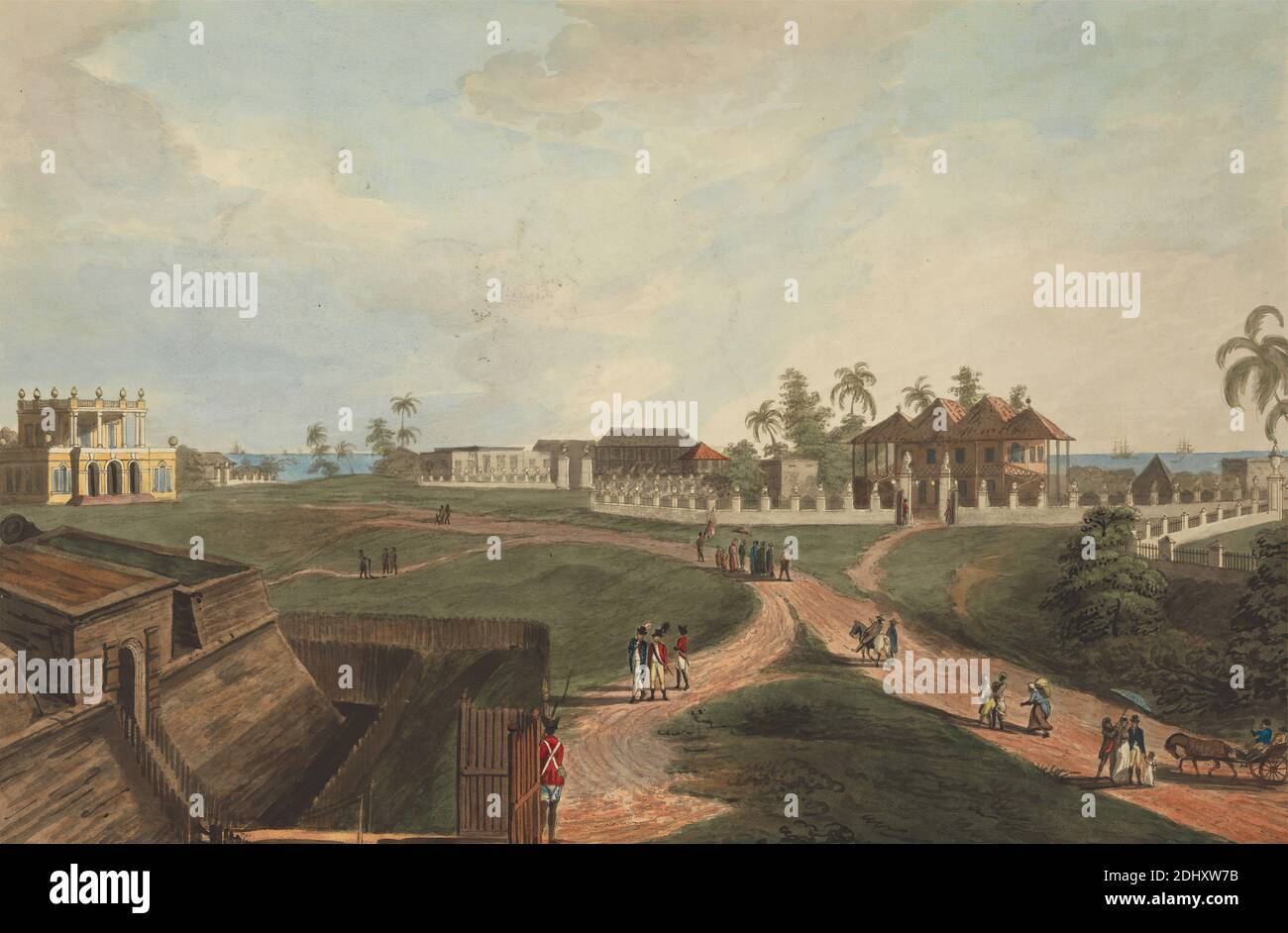 Government House & Council House, Fort Marlborough, Benkulen, Sumatra, 1799, Joseph Constantine Stadler, attivo 1780–1812, britannico, dopo artista sconosciuto, ( Andrews ), 1799, Aquatint, foglio: 11 3/4 x 16 3/4in. (29.8 x 42,5 cm Foto Stock