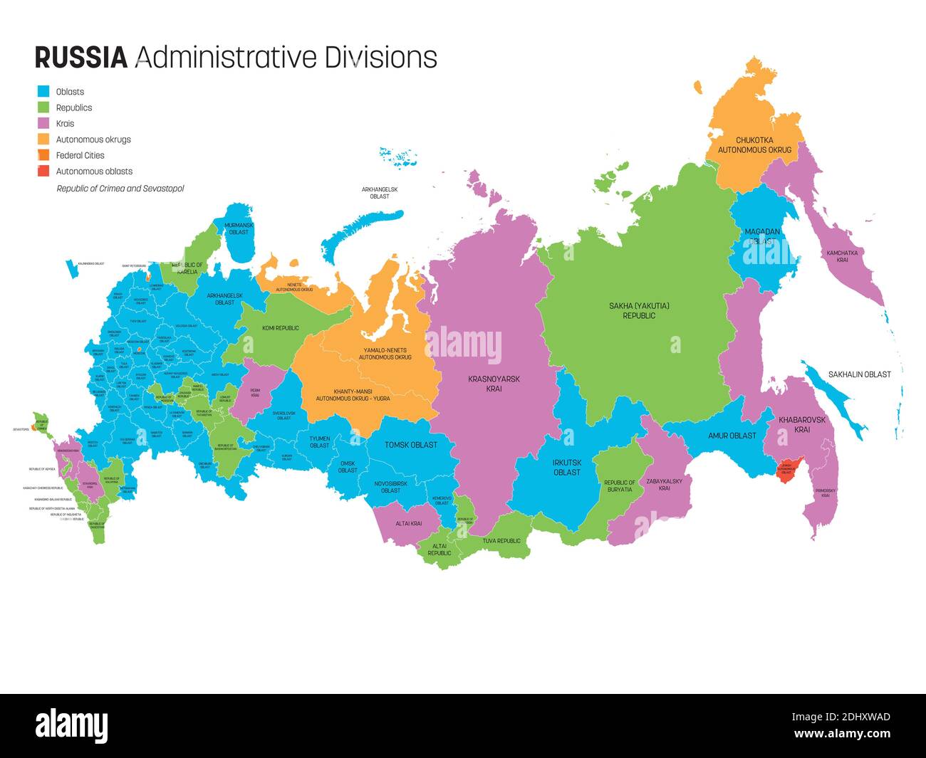 Mappa politica della Russia, o Federazione russa divisa per tipi di materie federali - repubbliche, razze, oblasti, città di importanza federale, oblasti autonomi e okrugs autonomi. Semplice mappa vettoriale piatta con etichette. Illustrazione Vettoriale