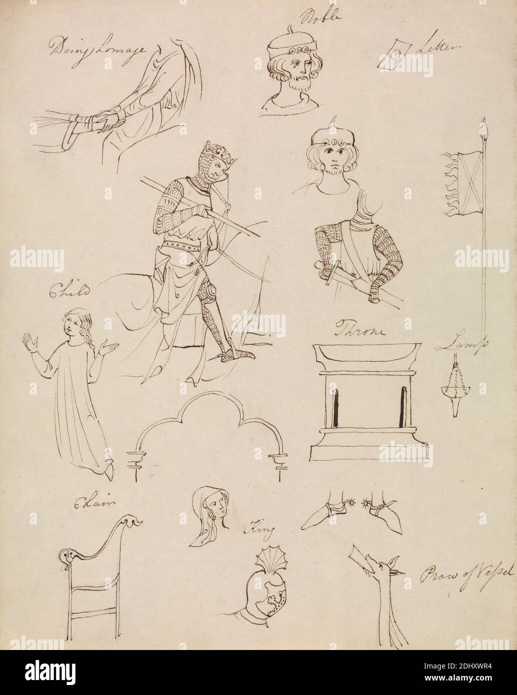 figure Studies for Medieval Noble Life, Robert Smirke, 1752–1845, British, and/or Mary Smirke, 1779–1853, British, Undated, penna e inchiostro marrone su media, leggermente testurizzata, crema, carta wove, mounted on, spessa, liscia, marrone, carta wove, foglio: 9 1/8 × 7 5/16 pollici (23.2 × 18.6 cm) e supporto: 12 3/4 × 10 pollici (32.4 × 25.4 cm Foto Stock
