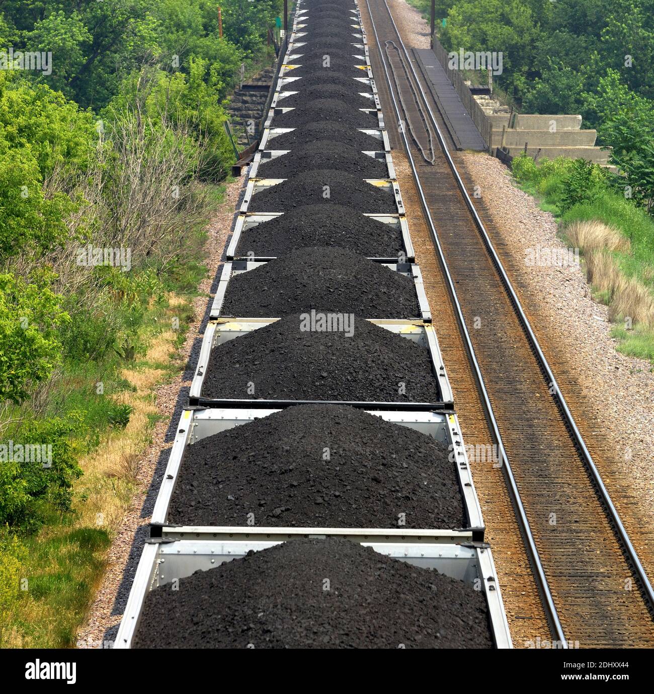 Treno lungo di carri pieni di carbone Foto Stock