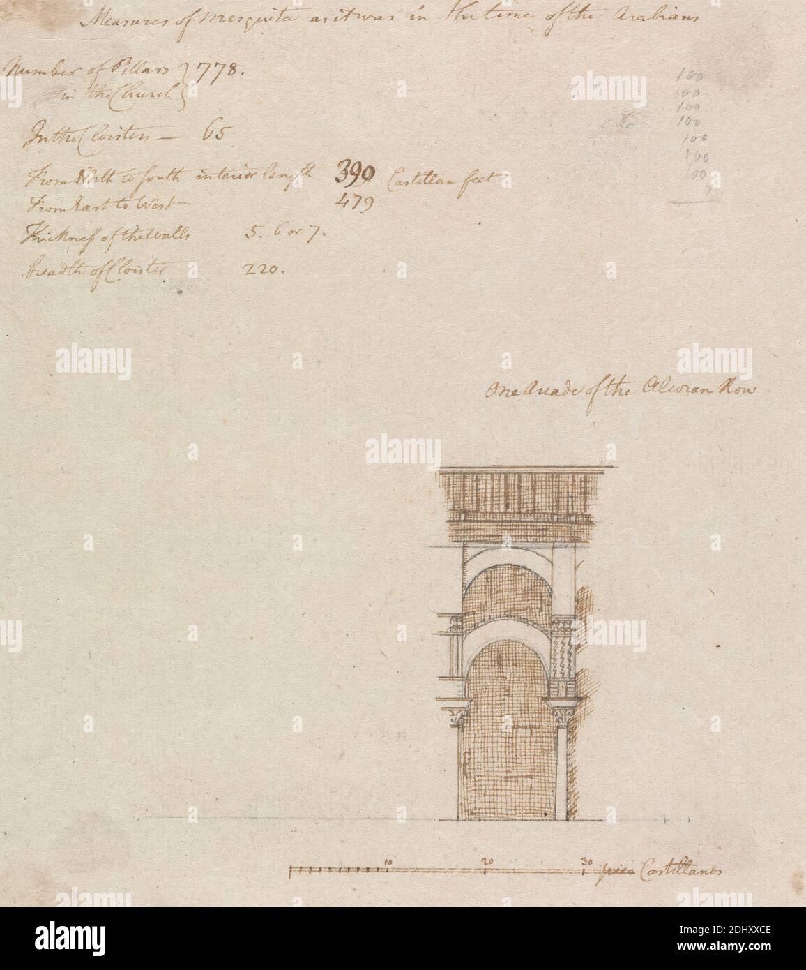 Misure di Mequita come era al tempo degli arabi, Henry Swinburne, 1743–1803, britannico, 1775 a 1776, grafite, penna e inchiostro marrone su carta media, moderatamente testurizzata, bianca blu, su carta deposta, montata su carta moderatamente spessa, leggermente testurizzata, crema, wove, Mount: 11 1/8 × 16 3/8 pollici (28.3 × 41.6 cm) e foglio: 6 3/4 × 6 1/16 pollici (17.1 × 15.4 cm Foto Stock