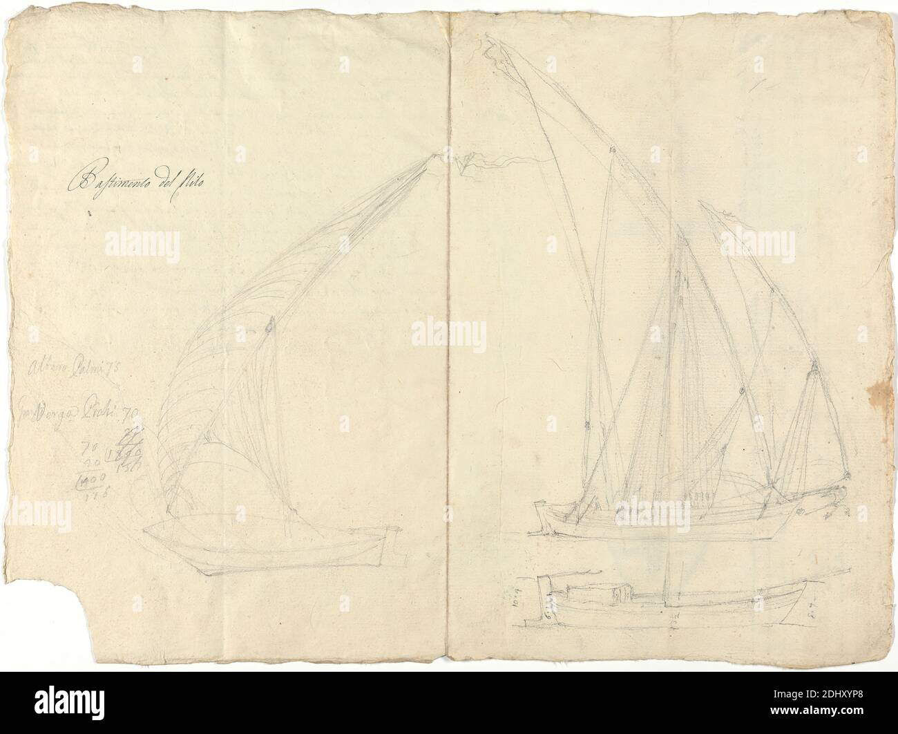 Bastimento del Nilo, Luigi Balugani, 1737–1770, Italiano, non satinato, grafite su carta leggermente spessa, moderatamente testurizzata, crema, foglio: 13 1/4 x 18 pollici (33.7 x 45.7 cm), montanti, misurazione, rigging, vele, navi Foto Stock