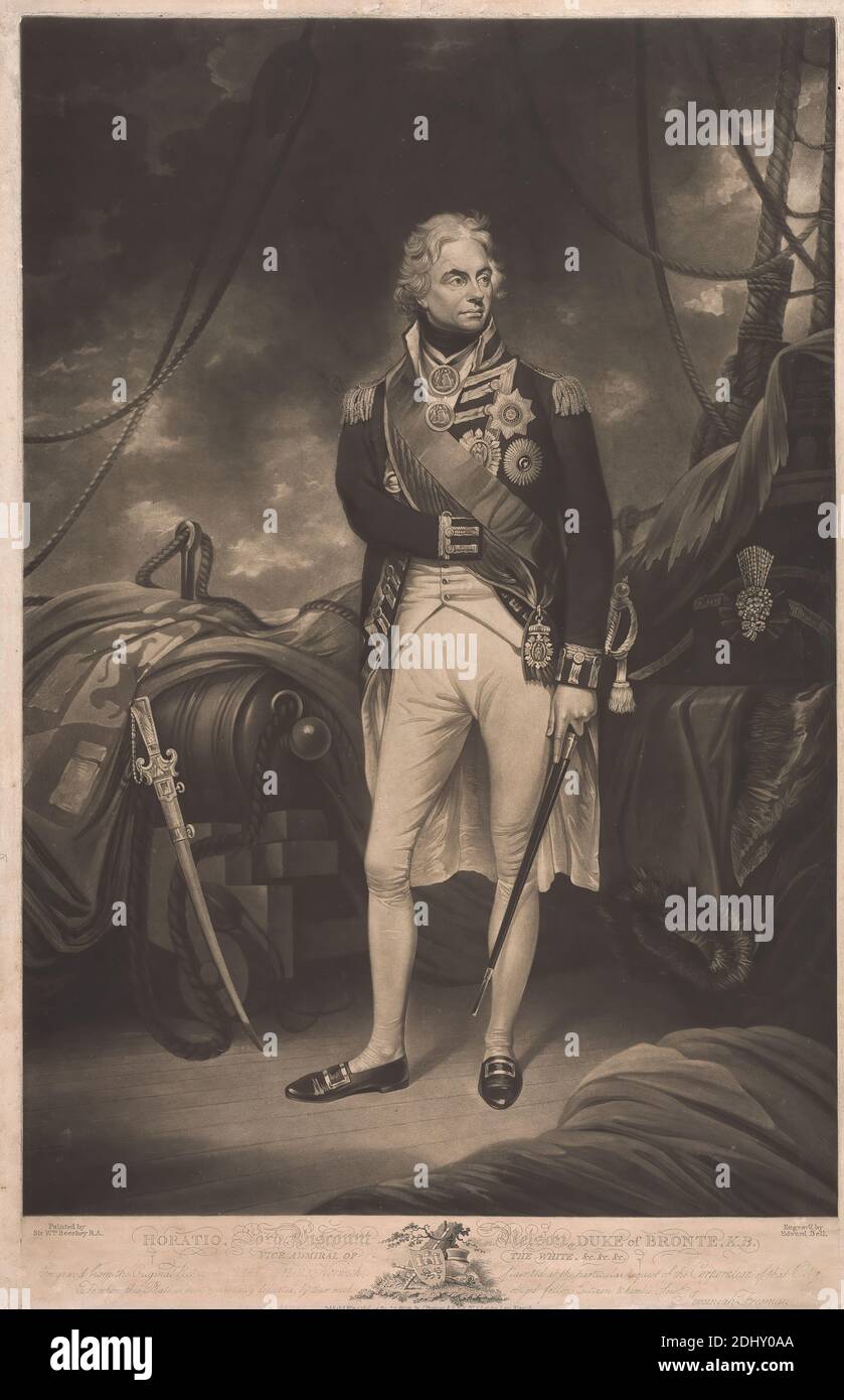 Horatio, Lord Visconte Nelson, Duca di Bronte, K.B., Vice-Ammiraglio del Bianco..., Edward Bell, attivo 1794–1847, dopo Sir William Beechey, 1753–1839, British, 1806, Mezzotint, foglio: 26 3/4 x 17 pollici. (67.9 x 43,2 cm Foto Stock