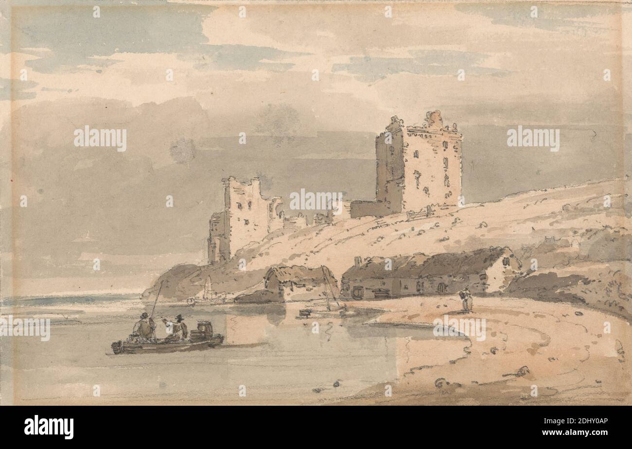 Rovine sulla costa, Thomas Girtin, 1775–1802, britannico, non satinato, acquerello e grafite su carta media, moderatamente testurizzata, wove beige, foglio: 5 7/8 x 8 5/8 pollici (14.9 x 21.9 cm) e immagine: 4 1/8 × 6 1/2 pollici (10.5 × 16.5 cm), baia (corpo di acqua), spiaggia, barca, edifici, castello, nuvole, costa, pesca, case, paesaggio, uomini, persone, rovine, cielo, acqua Foto Stock